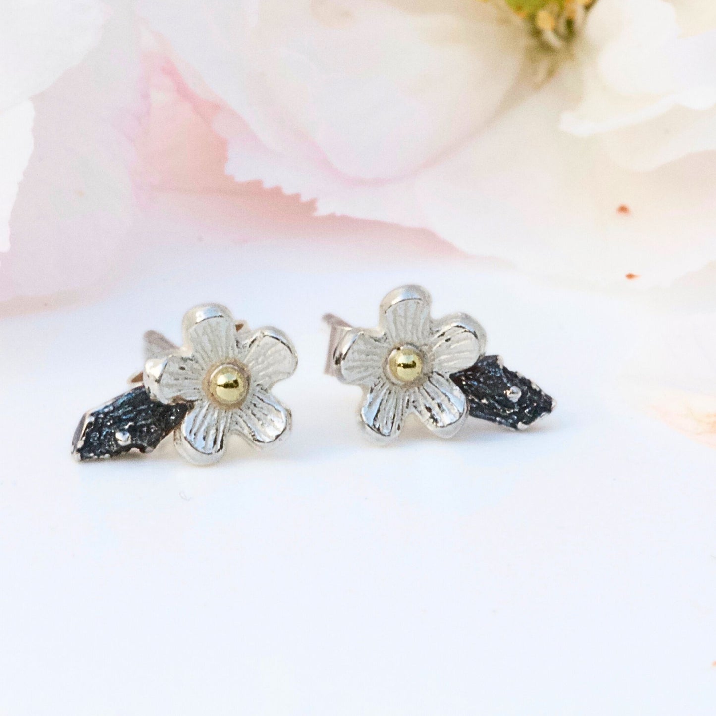 Tiny flower earrings, Silver and Gold Cherry Blossom Earrings