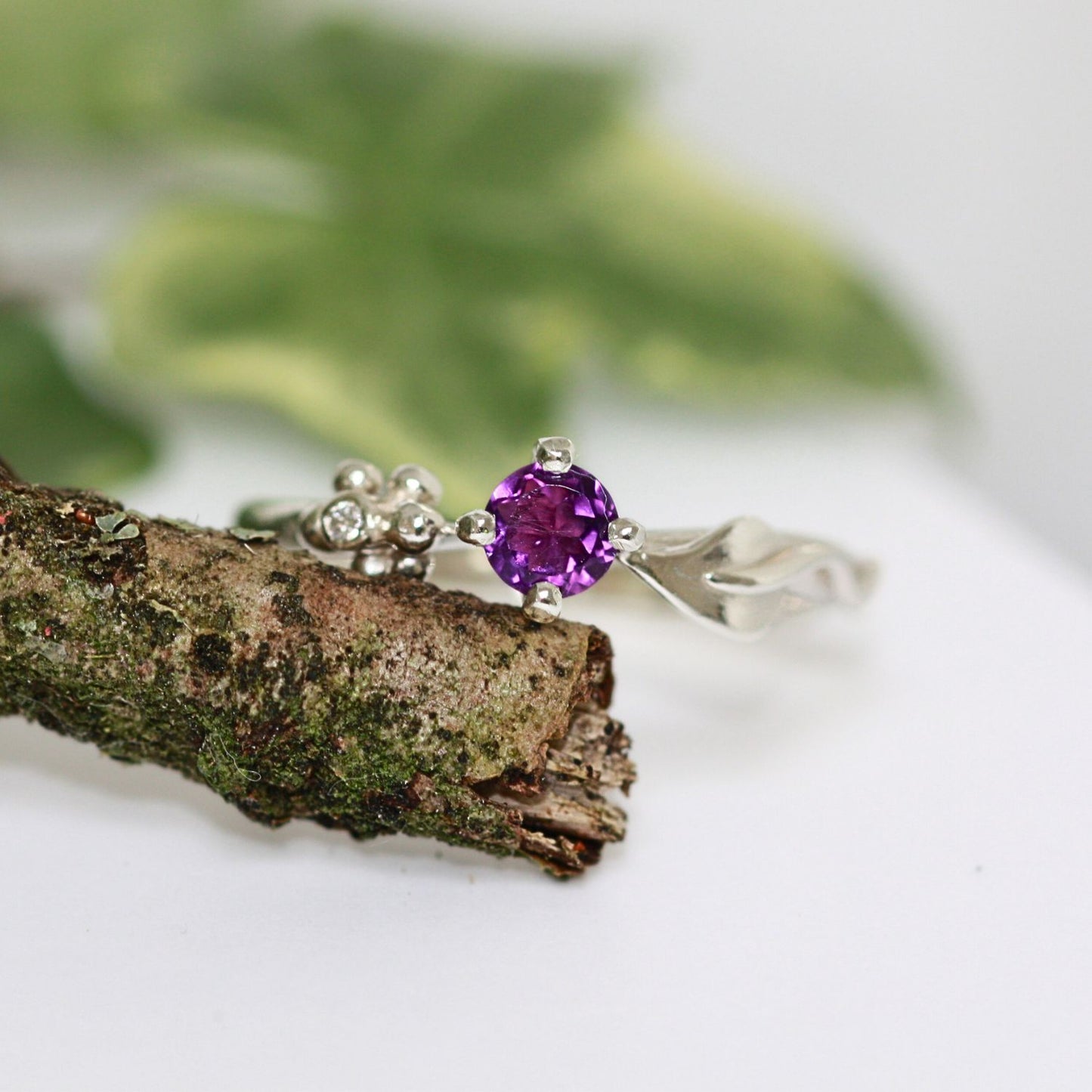 amethyst silver leaf ring