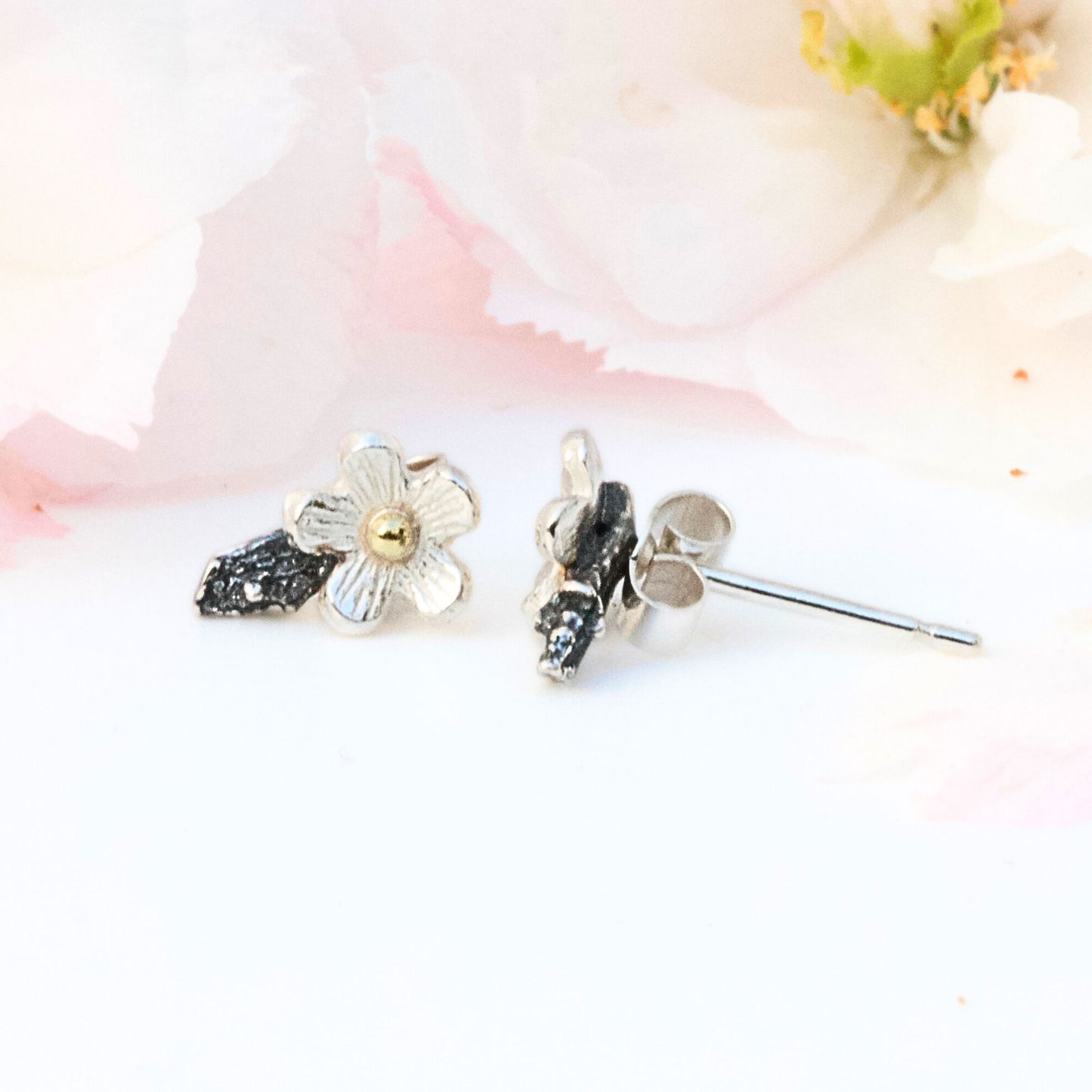 Tiny flower earrings, Silver and Gold Cherry Blossom Earrings