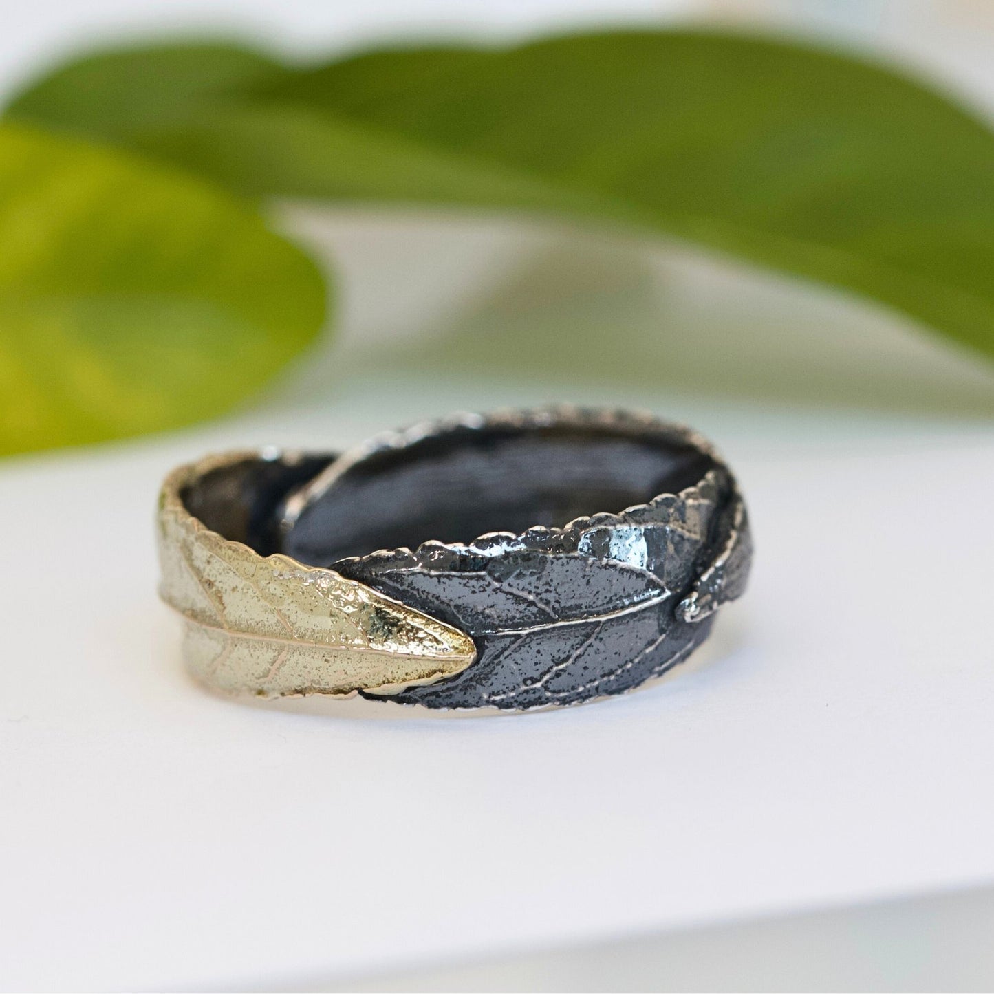 Three Leaf Ring, Gold and Silver Nature Wedding Ring, Mixed Metal Leaf Ring