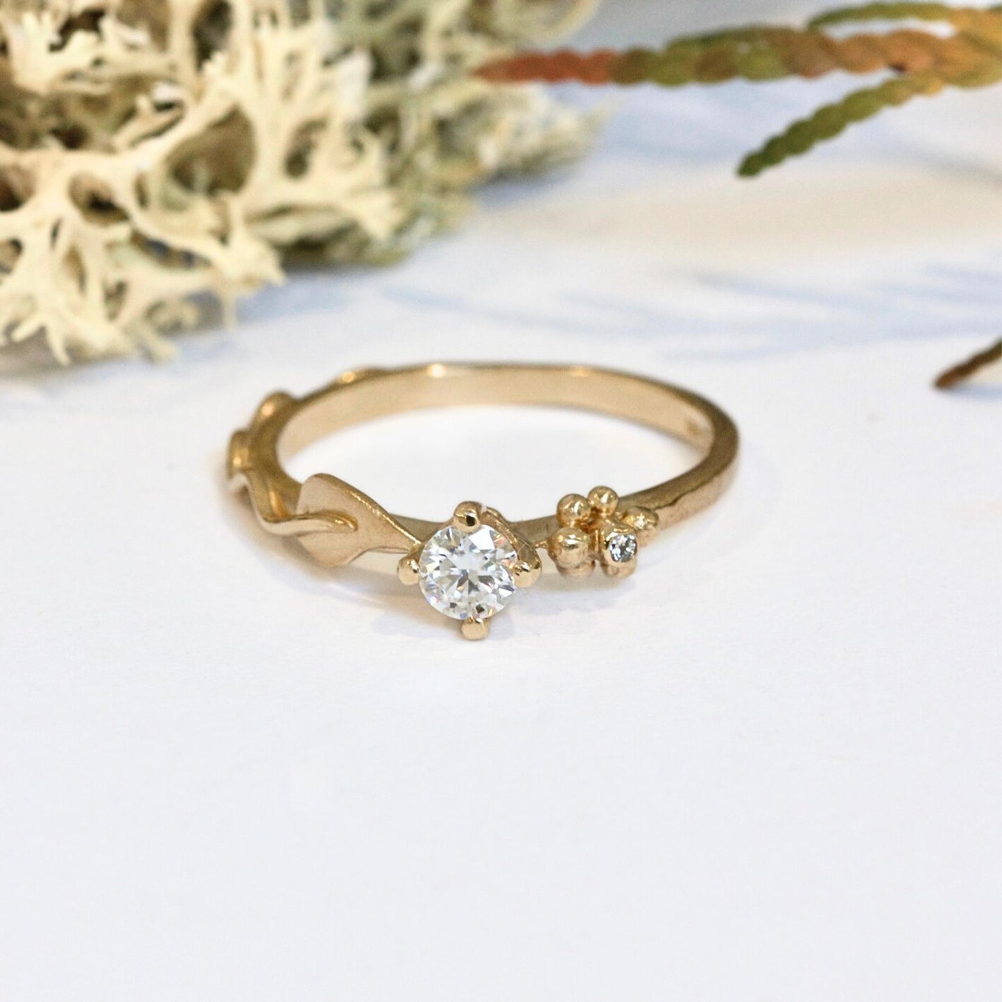 Dainty Gold Ariel Leaf Engagement Ring, Nature Inspired Moissanite Leaf Ring