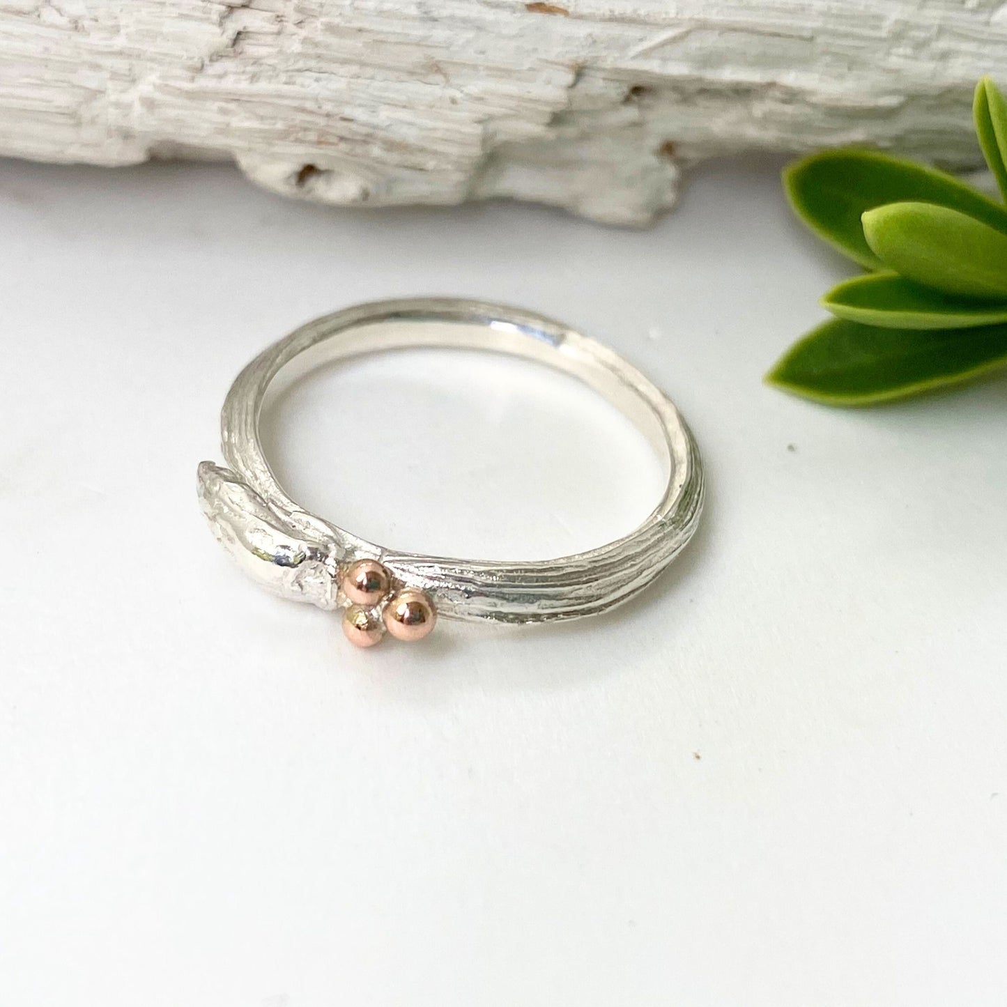 Willow Twig Bud Ring, Silver and Rose Gold Wedding Ring, Nature Stacking Ring