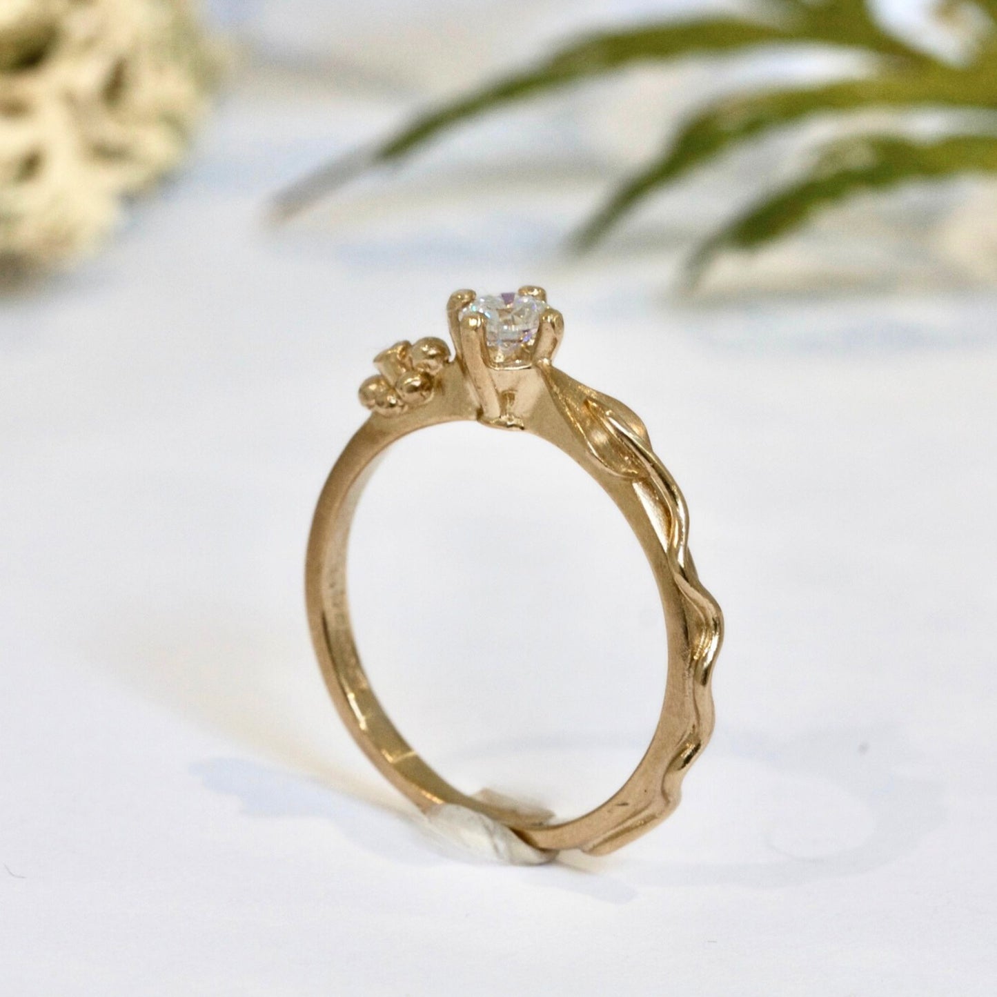 Dainty Gold Ariel Leaf Engagement Ring, Nature Inspired Moissanite Leaf Ring