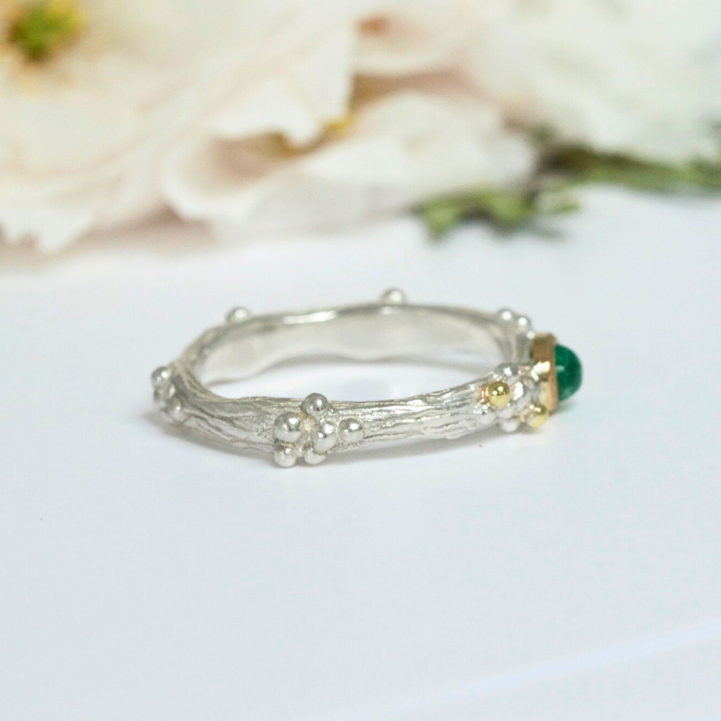 Emerald Woodland Ring, Silver and 18ct Gold Nature Ring