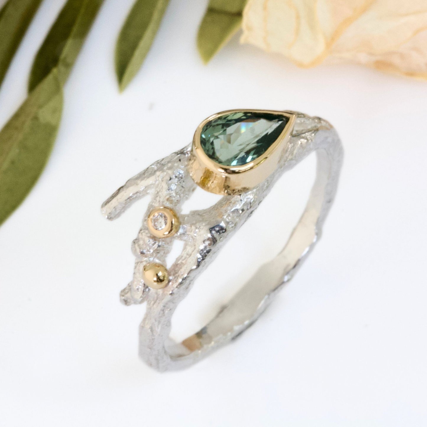 Green Sapphire Elvish Twig Ring-Pear Shape Ring-Silver and 18ct Gold, Diamond