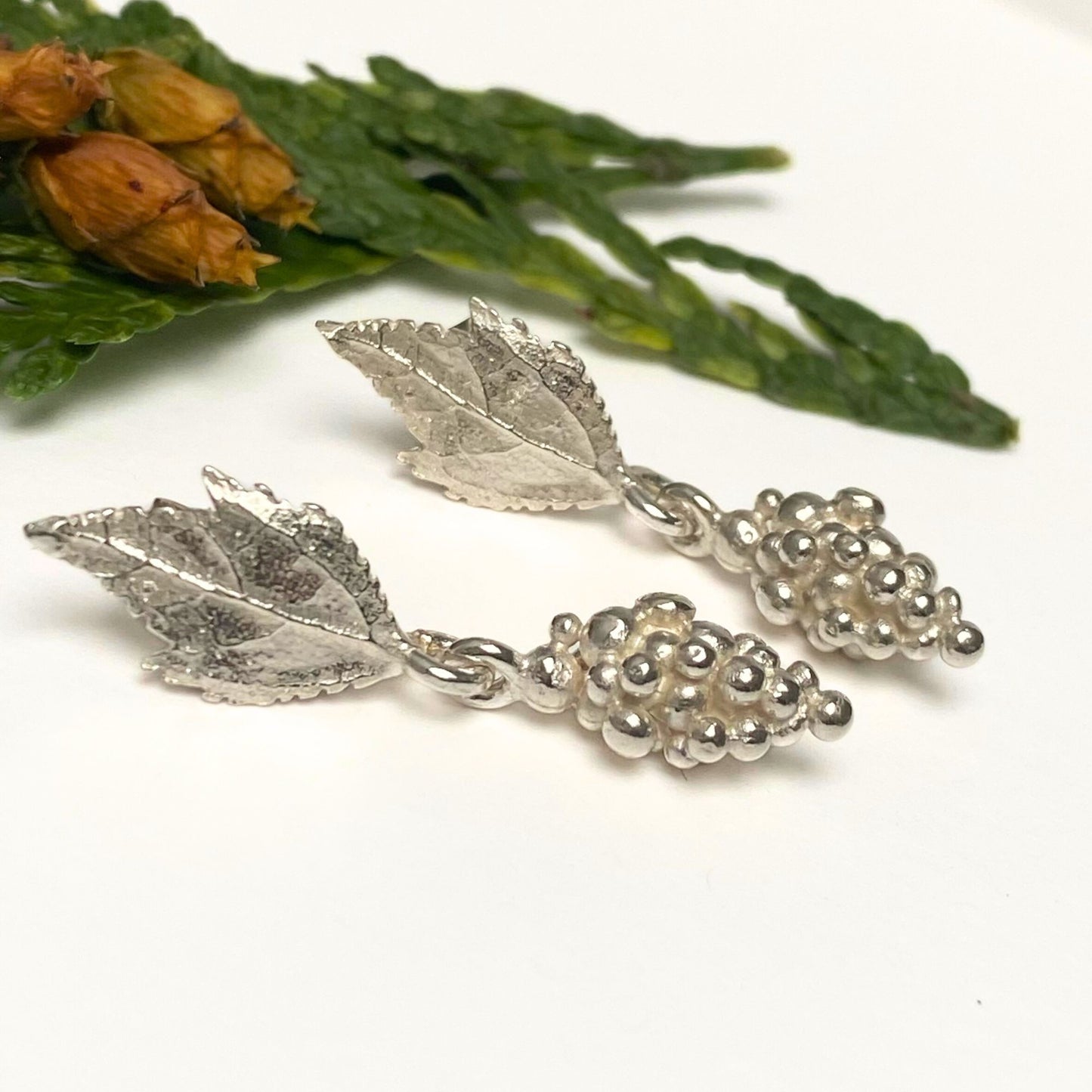 Woodland Elvish Silver Leaf and Berry Earrings