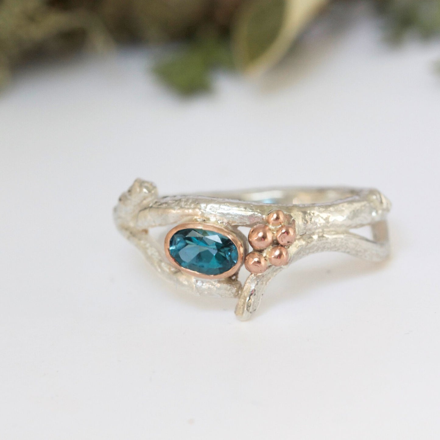 Silver and Rose Gold Twig Ring, Woodland Ring, Blue Topaz Ring