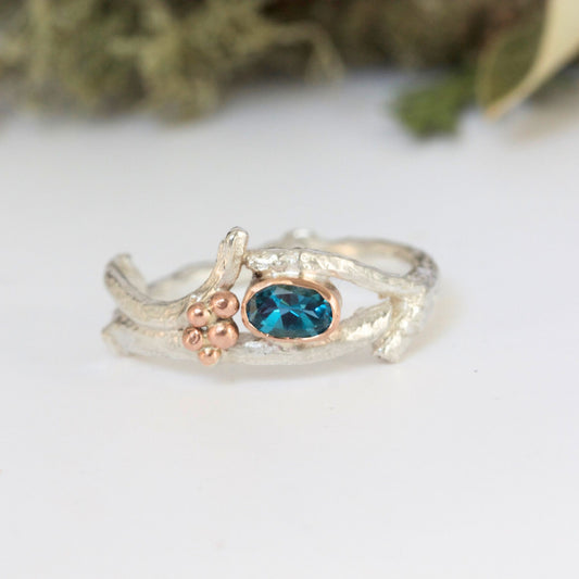 Silver and Rose Gold Twig Ring, Woodland Ring, Blue Topaz Ring