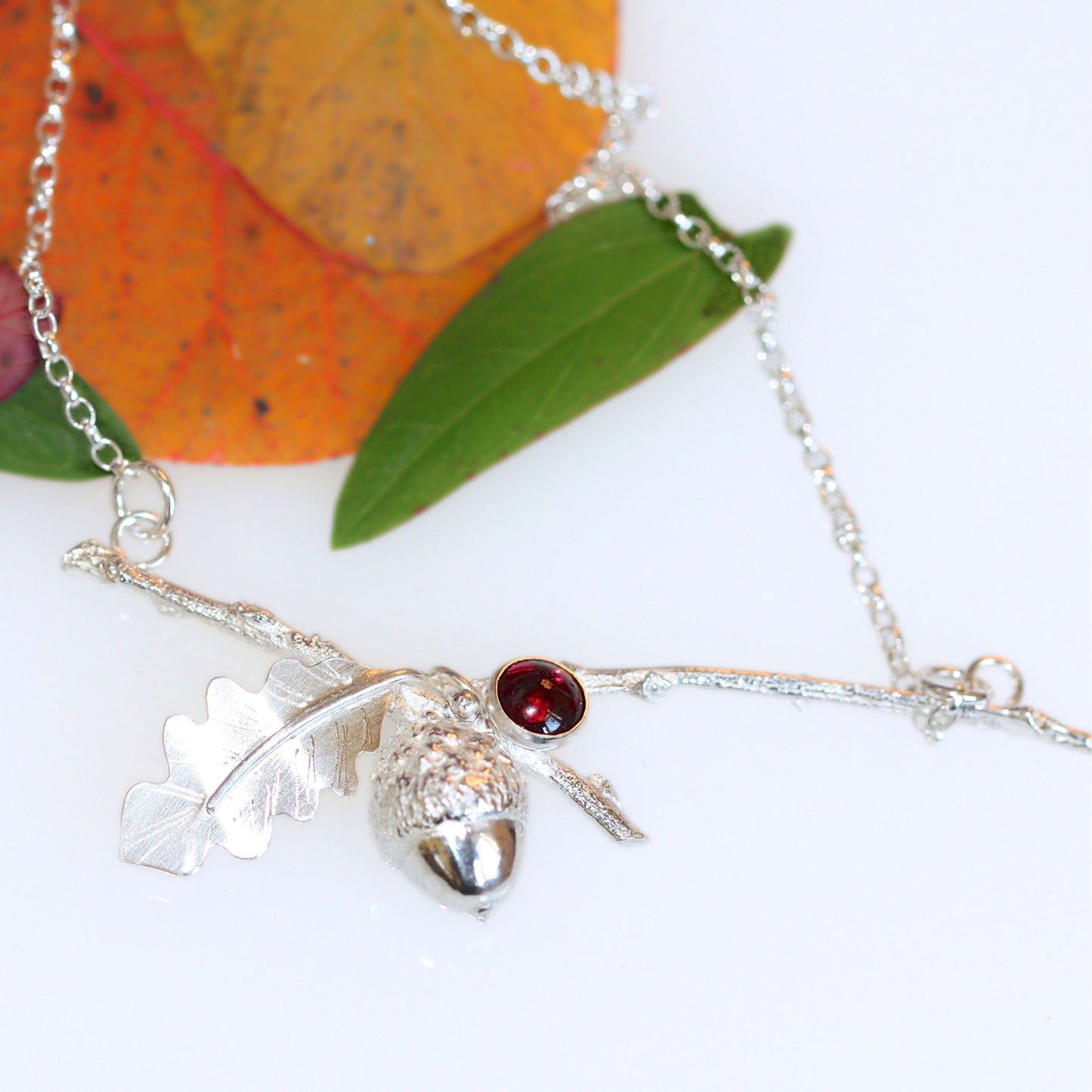 Garnet Woodland Necklace, Oak Leaf and Acorn Twig Neckpiece