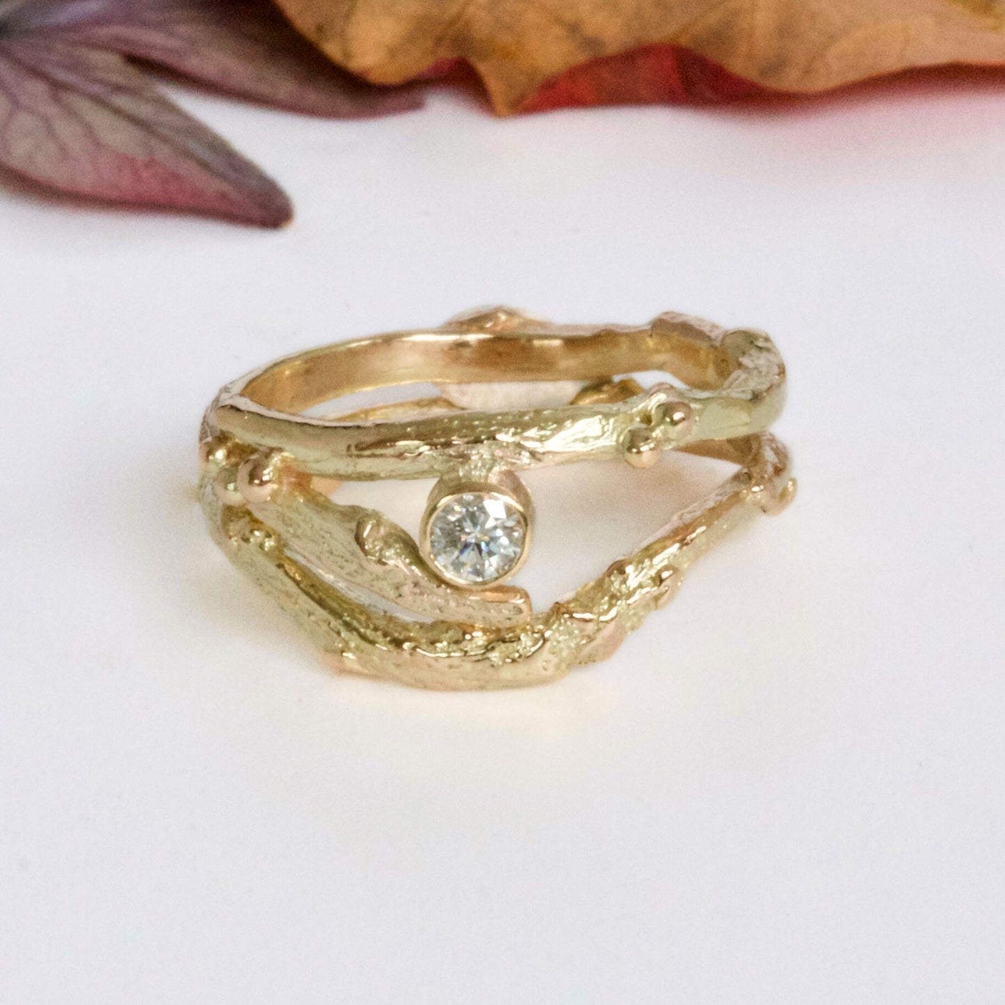 Gold and Diamond Twig Engagement Ring Set, Elvish Engagement and Wedding rings