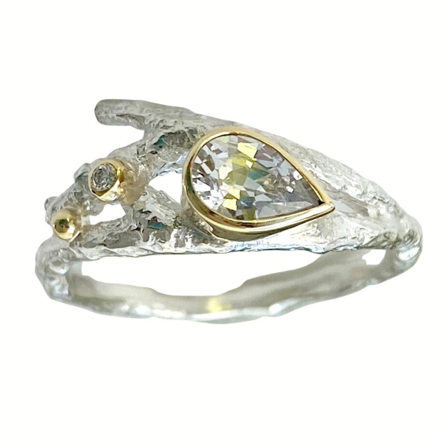 White Sapphire Elvish Twig Ring-Pear Shape Ring-Silver and 18ct Gold, Diamond