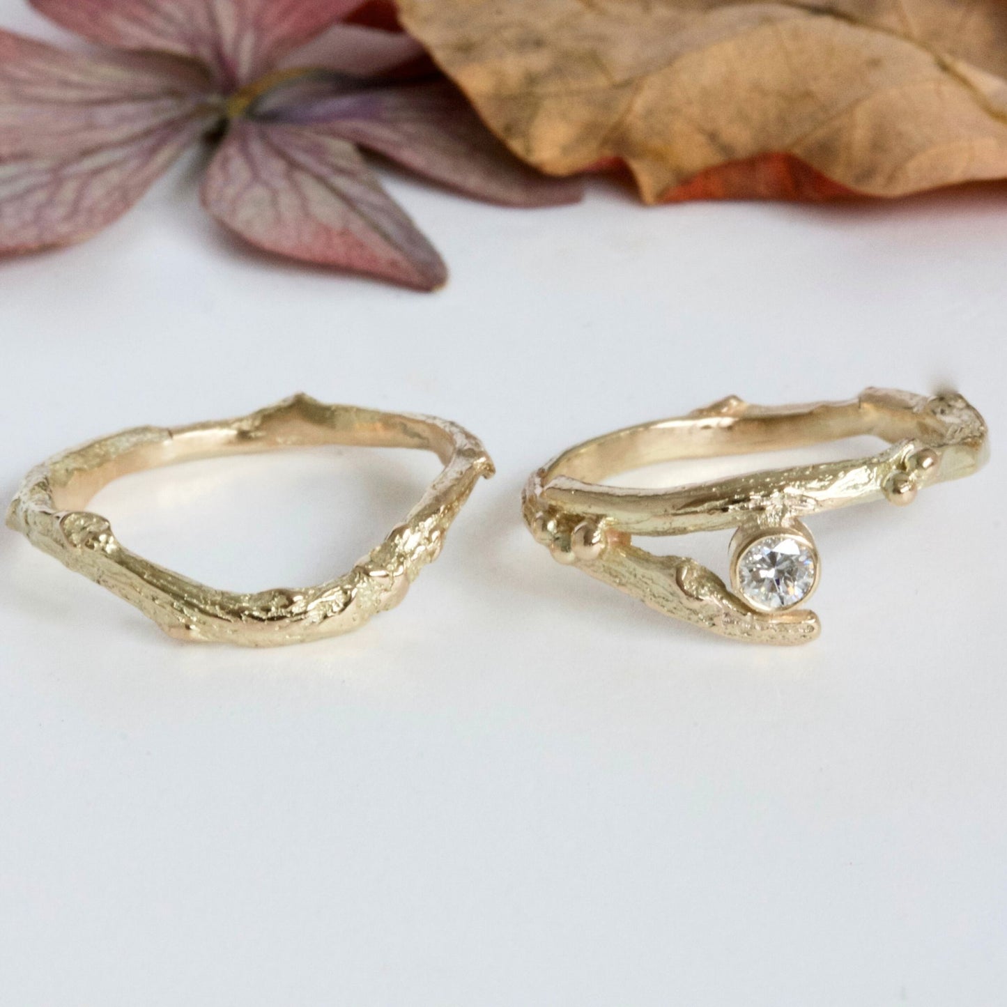 Gold and Diamond Twig Engagement Ring Set, Elvish Engagement and Wedding rings