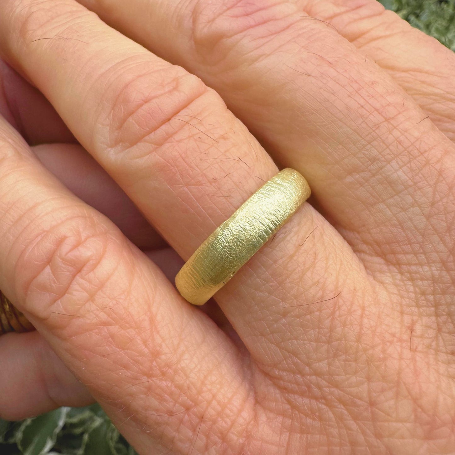 Textured organic wedding band, chunky cigar ring.