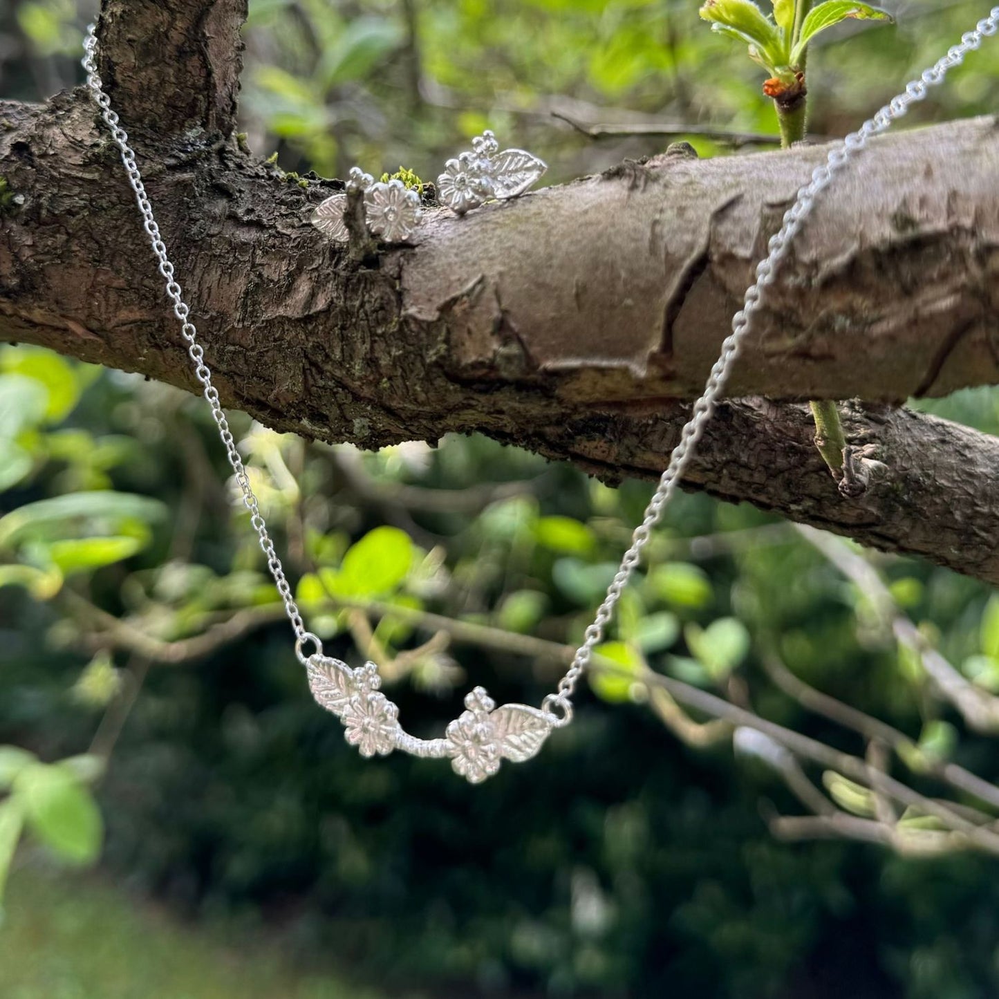 forest wildflower silver necklace and earrings
