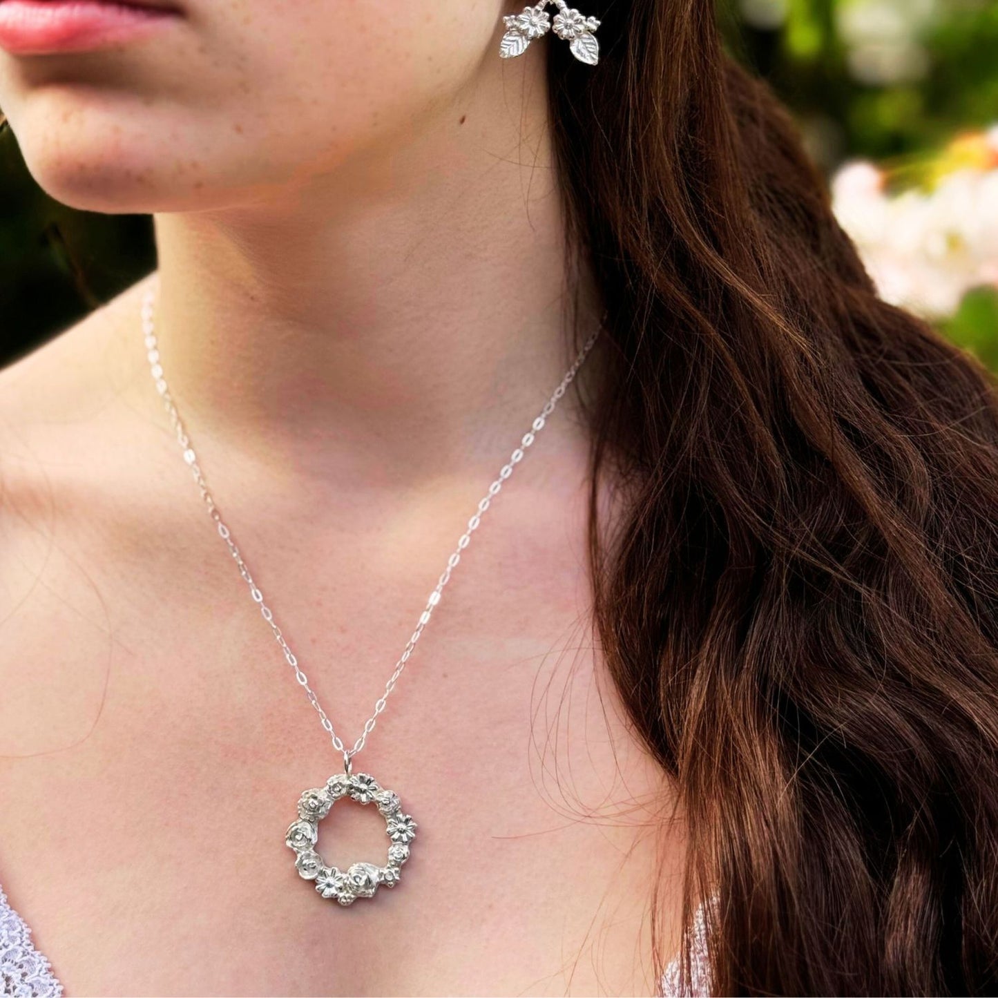 Rosy Posy Silver Flower Circle Necklace