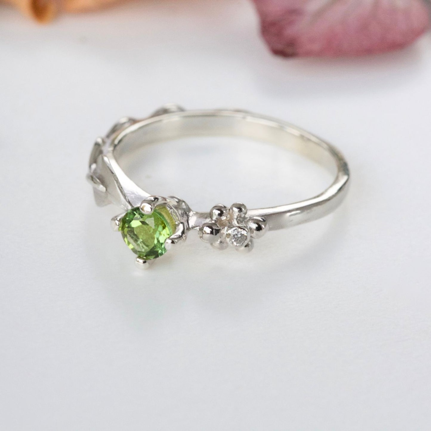 Ariel Silver Leaf Ring, Gemstone and Diamond Leaf Ring, Nature Inspired Ring