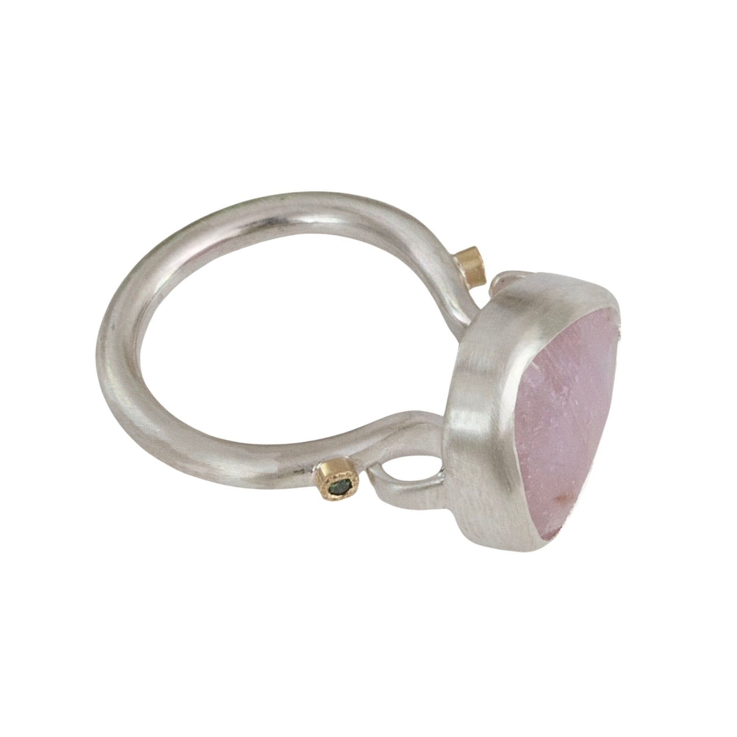 Handmade sculptural baby pink sapphire ring handmade in satin finished silver with green diamonds set in 18ct gold.