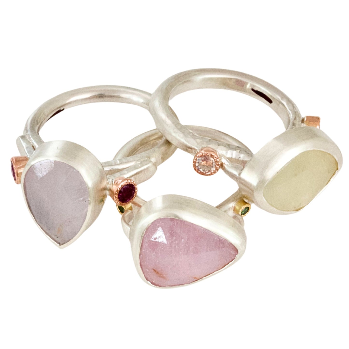Handmade sculptural sapphire rings handmade in satin finished silver.