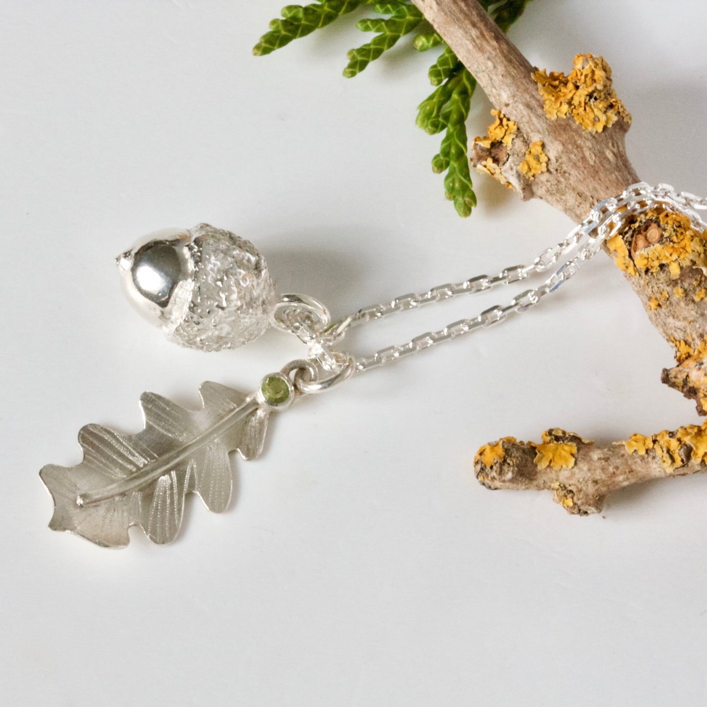Acorn and Oak Leaf with Peridot