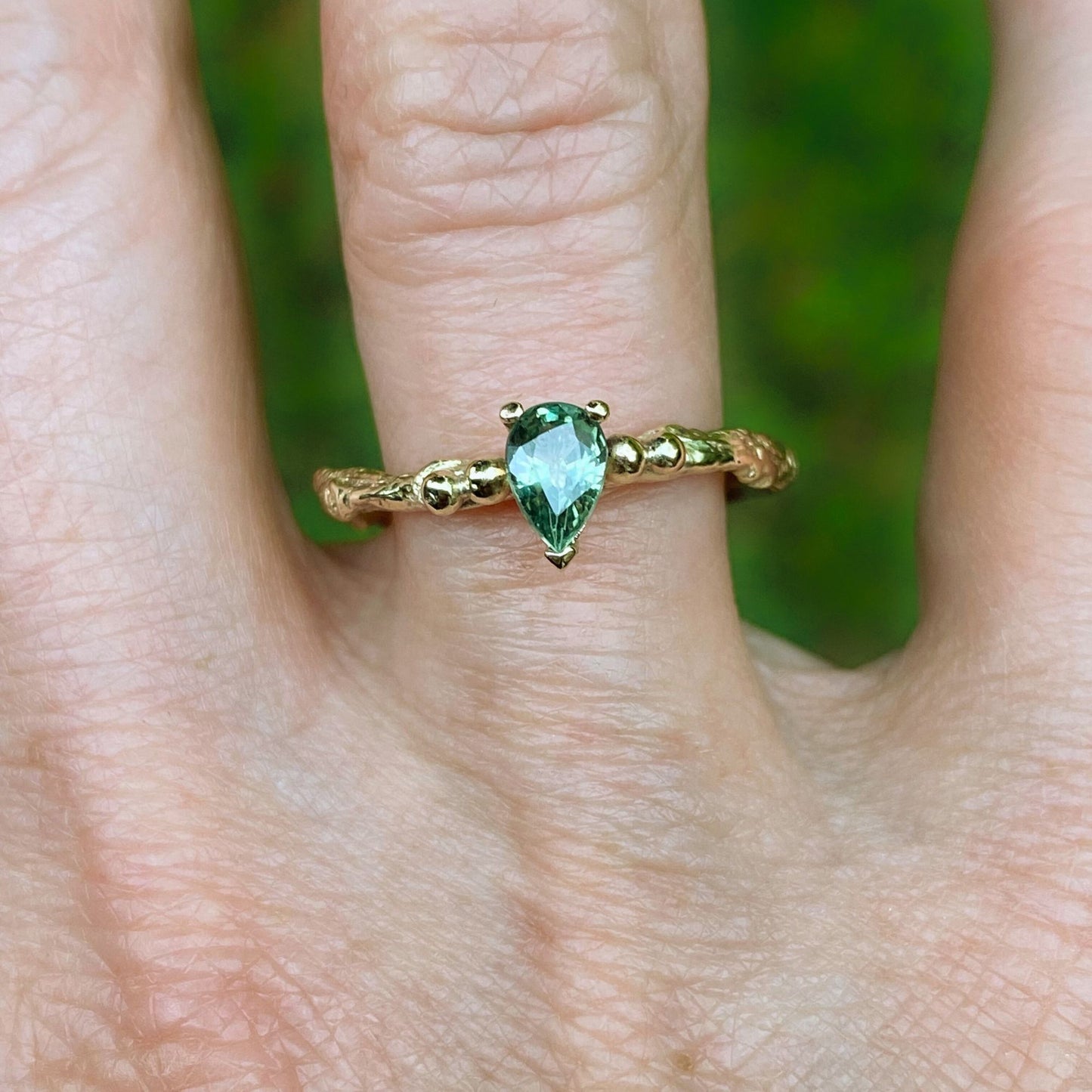 Pear Green Sapphire Engagement Ring, Gold Twig Ring