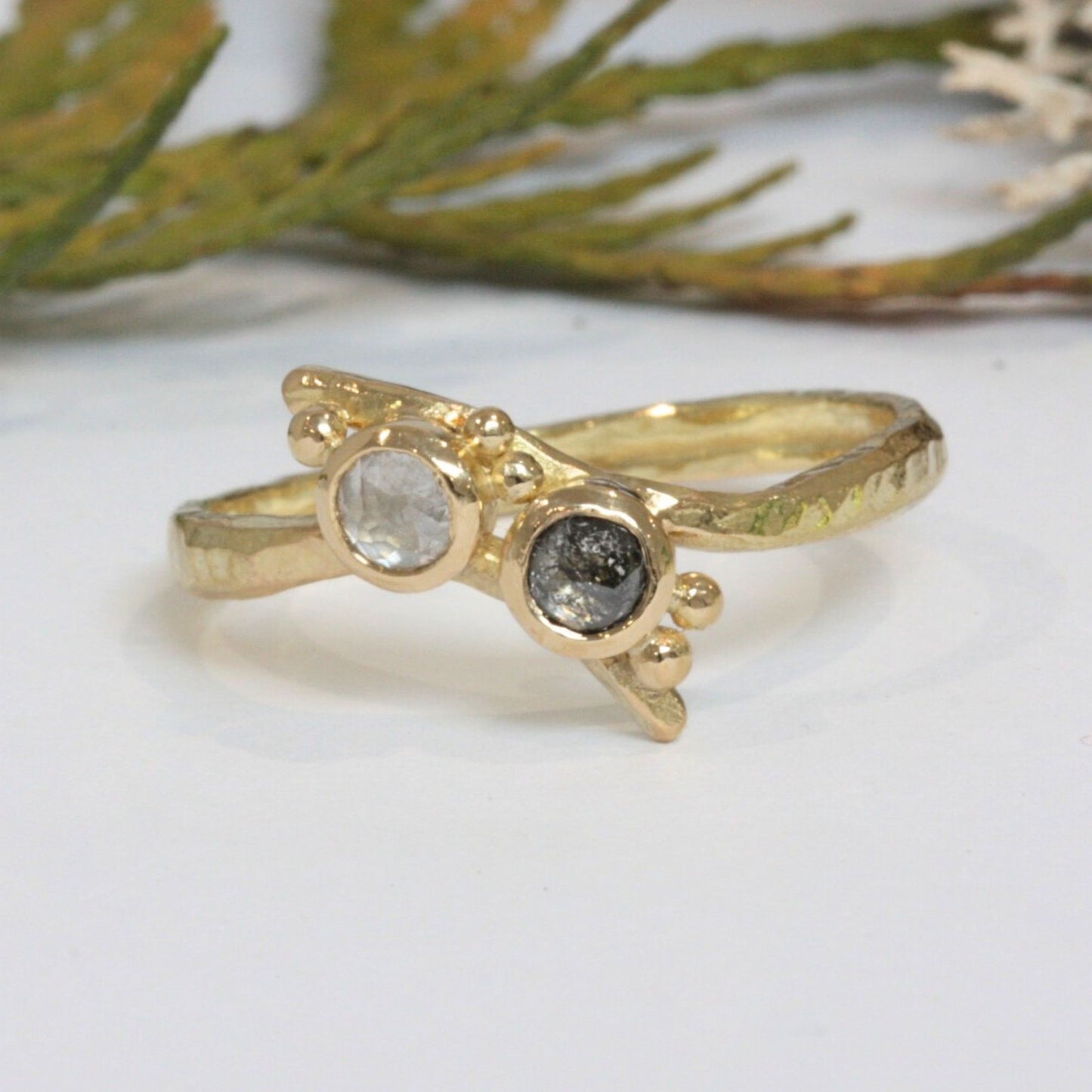 Toi et Moi black and white natural rose cut diamond Engagement Ring, 18 carat hammered gold alternative engagement ring.