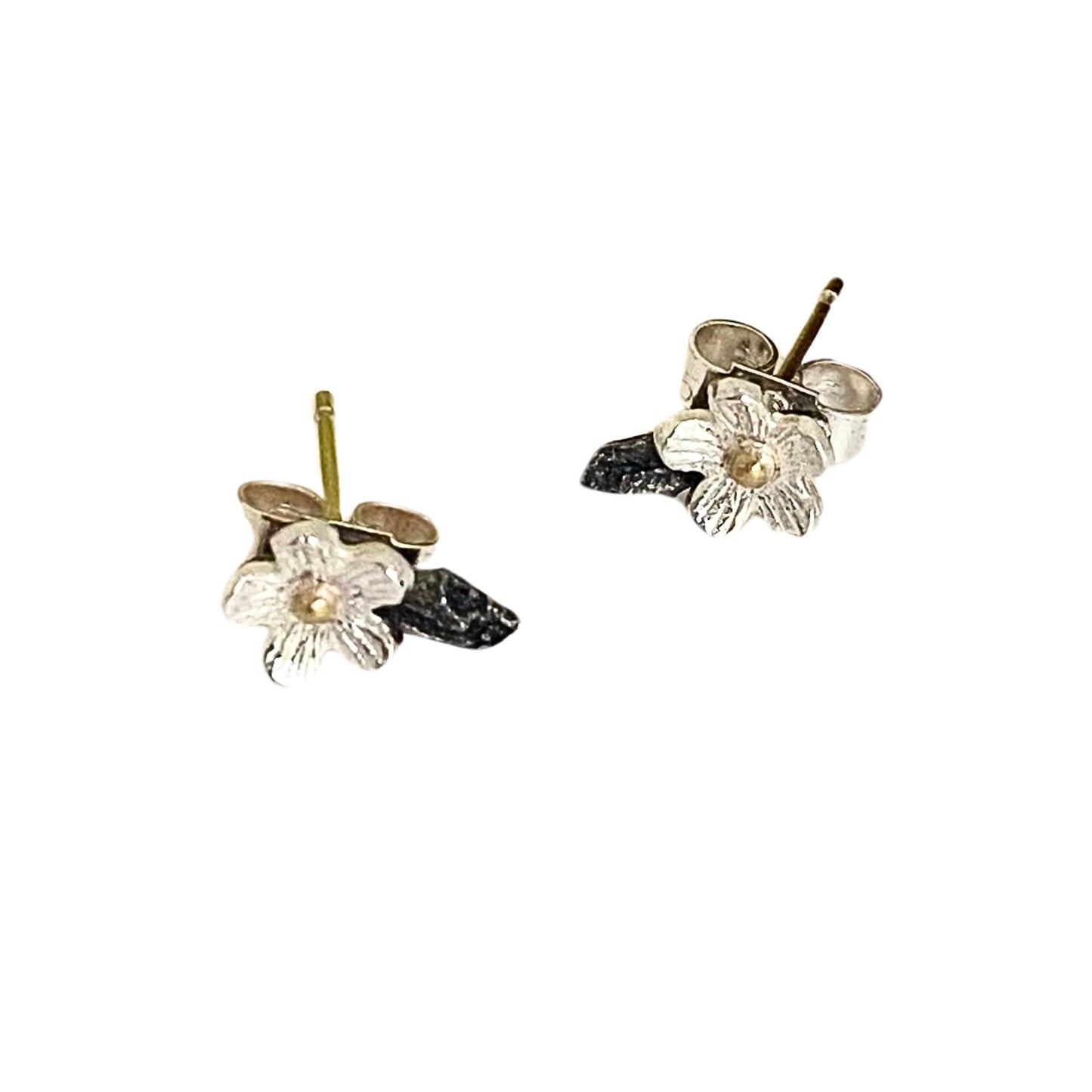 Oxidised silver and 18 carat gold flower earrings. Mixed metal Cherry Blossom floral stud earrings.