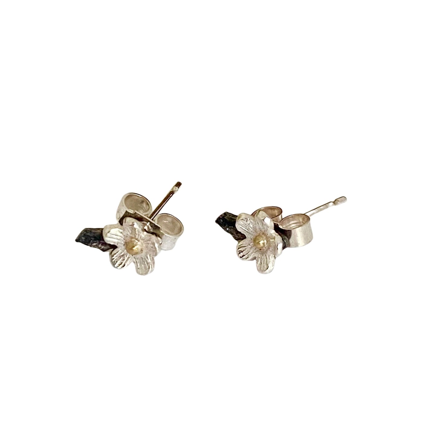 Oxidised silver and 18 carat gold flower earrings. Mixed metal Cherry Blossom floral stud earrings.