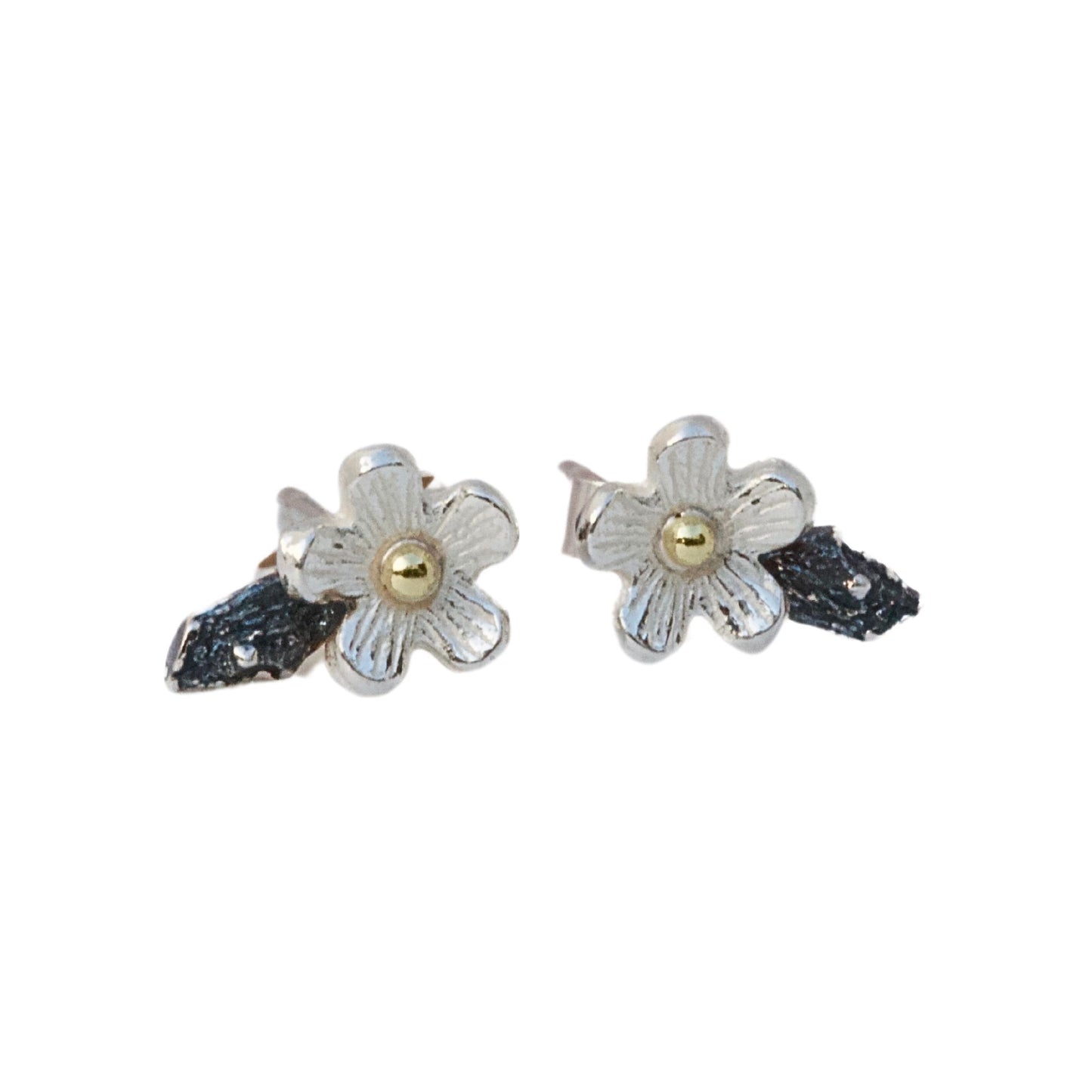 Oxidised silver and 18 carat gold flower earrings. Mixed metal Cherry Blossom floral stud earrings.