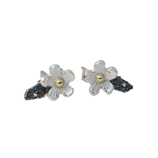 Oxidised silver and 18 carat gold flower earrings.  Mixed metal Cherry Blossom floral stud earrings.