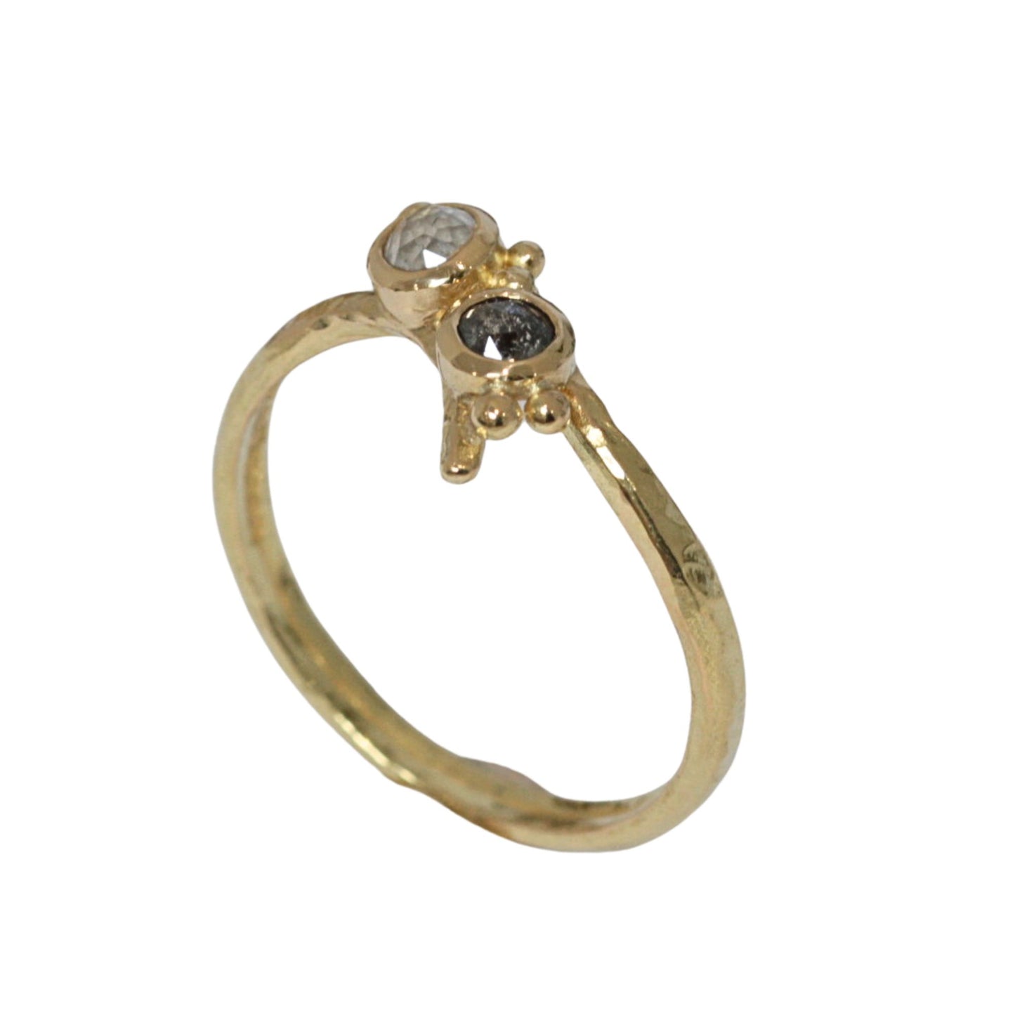 Toi et Moi Black and White Diamond Engagement Ring, 18ct gold ring with salt and pepper rose cut diamonds.