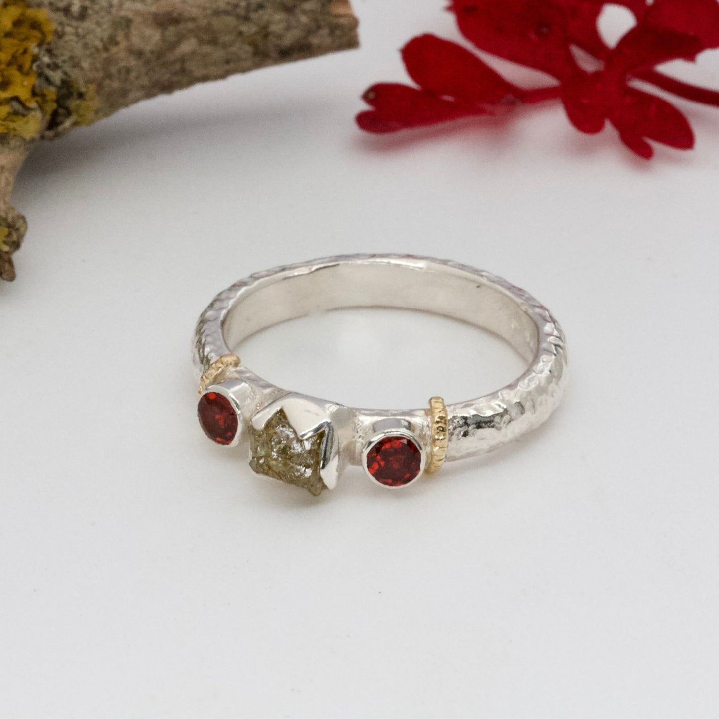 raw diamond and garnet ring