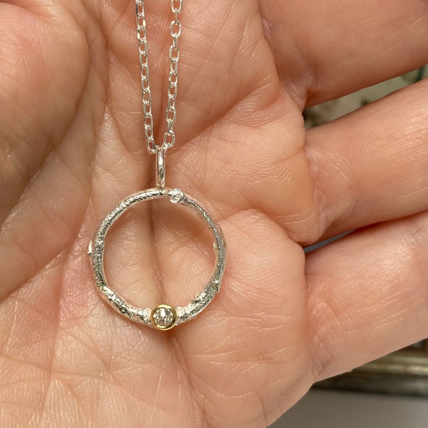 Recycled Diamond Pendant, Silver Diamond Circle Necklace, Diamond Halo Pendant