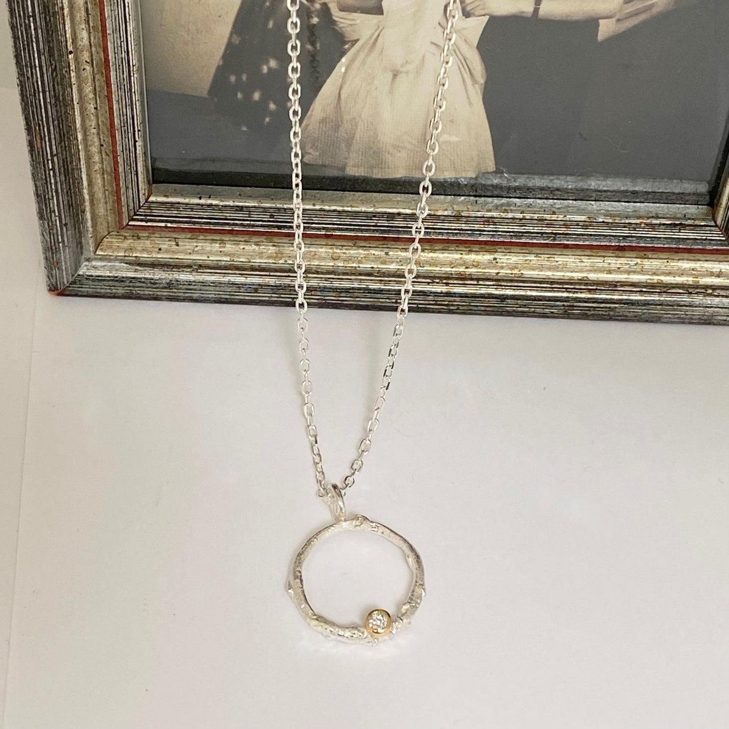 Recycled Diamond Pendant, Silver Diamond Circle Necklace, Diamond Halo Pendant