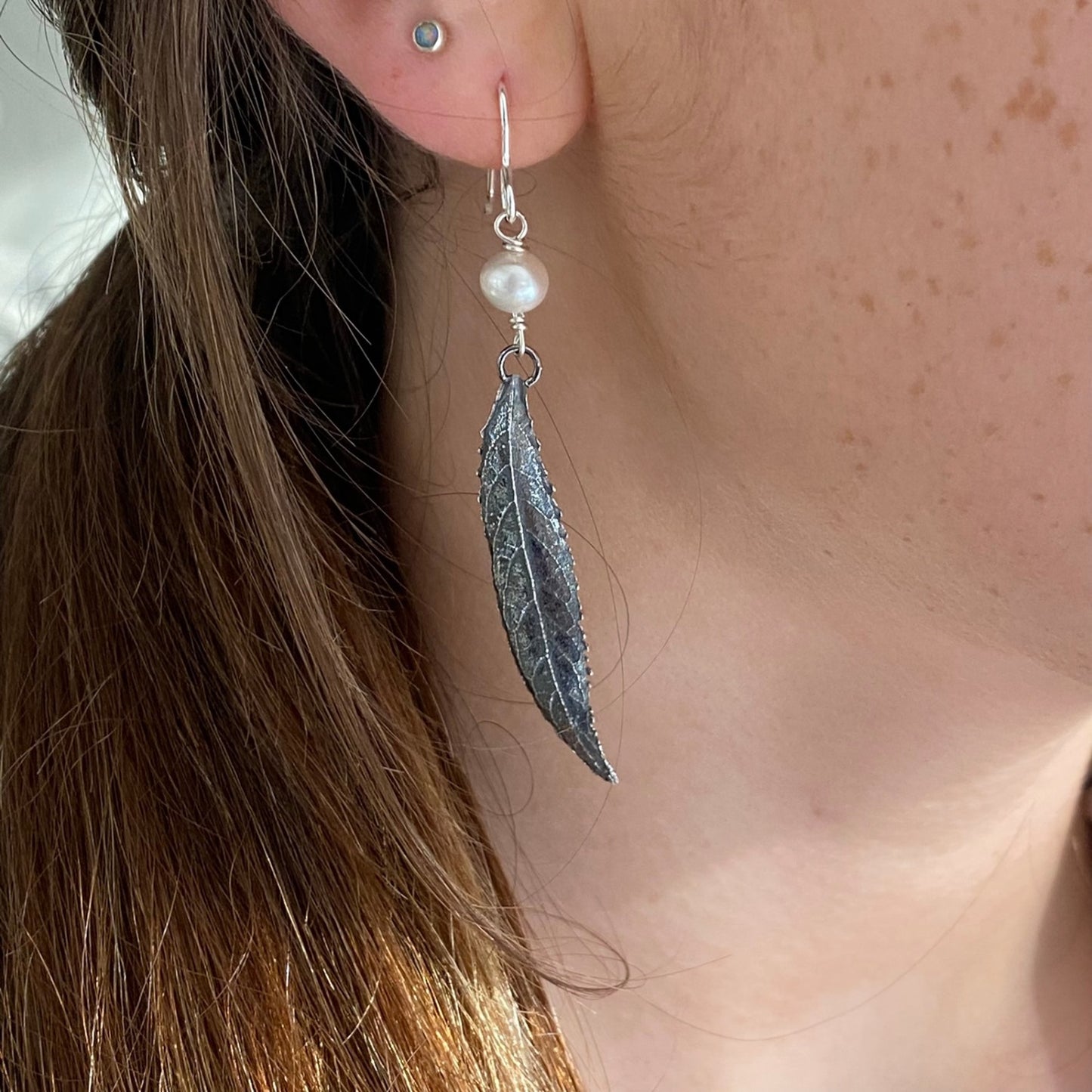 Long Boho Sterling Silver Leaf and Pearl Earrings-Woodland Leaf Earrings