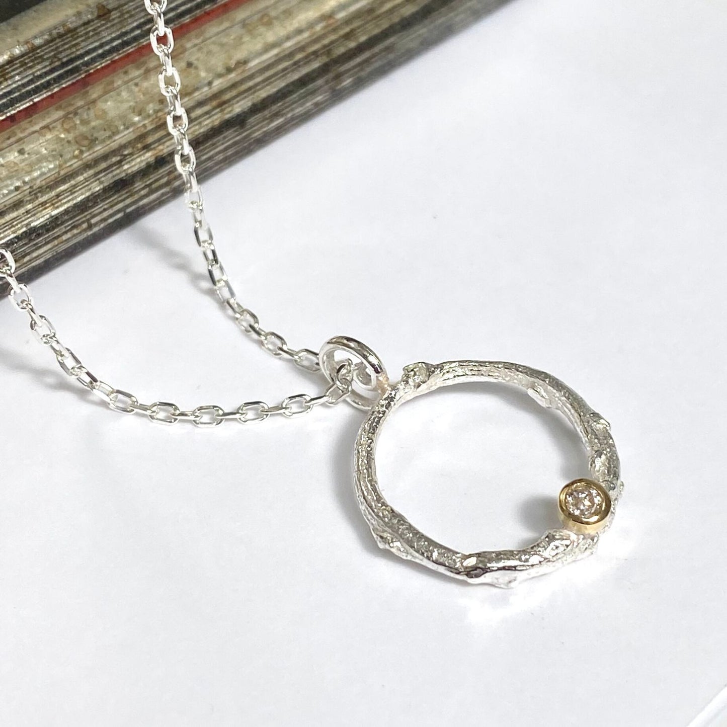 Recycled Diamond Pendant, Silver Diamond Circle Necklace, Diamond Halo Pendant