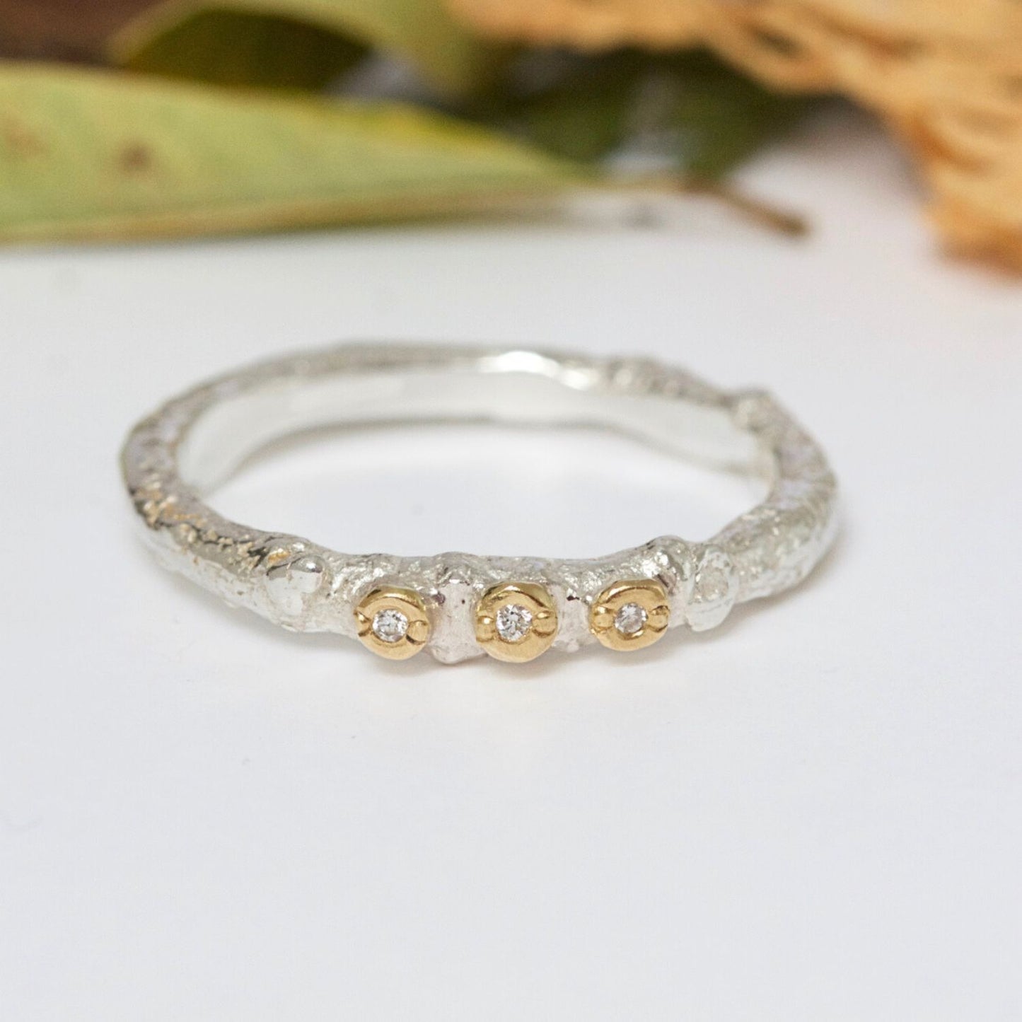 silver and gold diamond twig ring