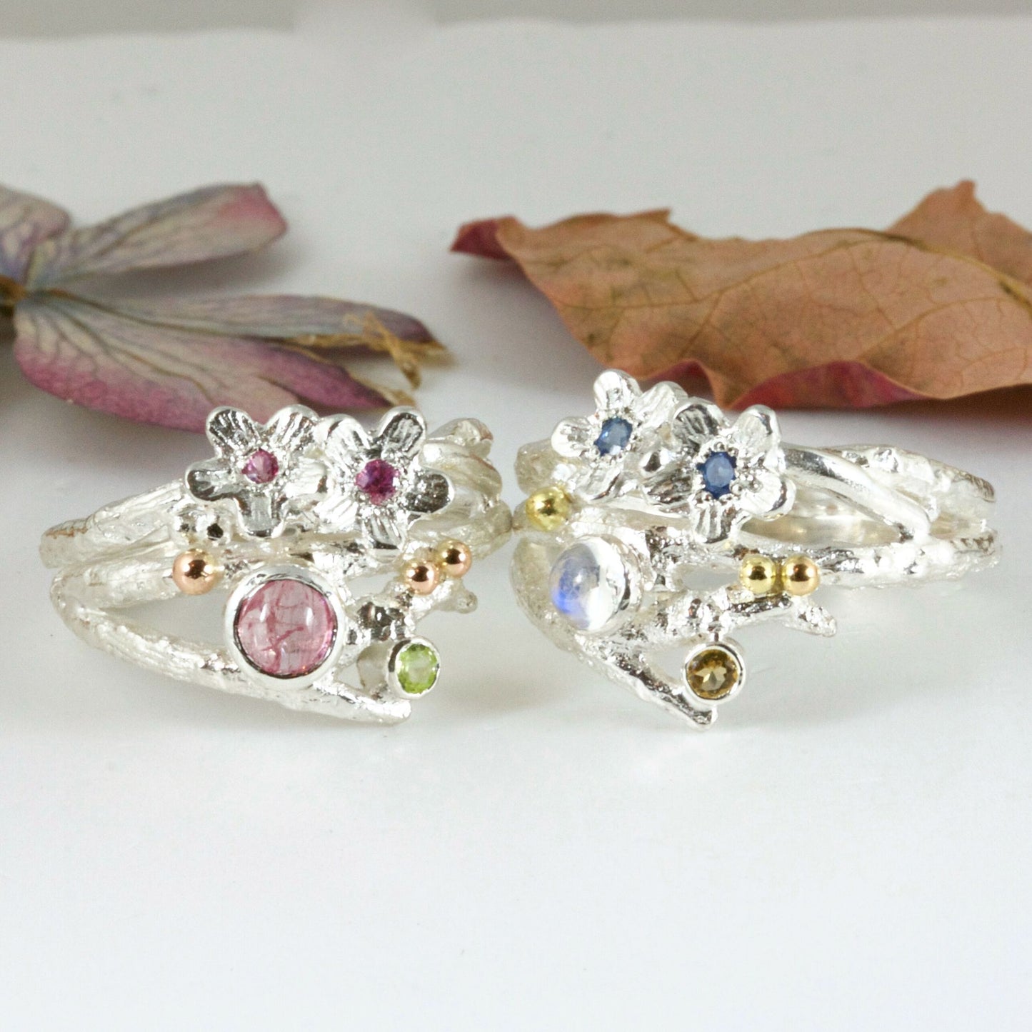 Enchanted Wood Forget Me Not Cluster Ring-Elvish Sapphire and Moonstone Ring