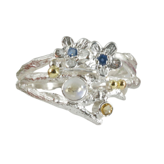 Enchanted Wood Forget Me Not Cluster Ring-Elvish Sapphire and Moonstone Ring