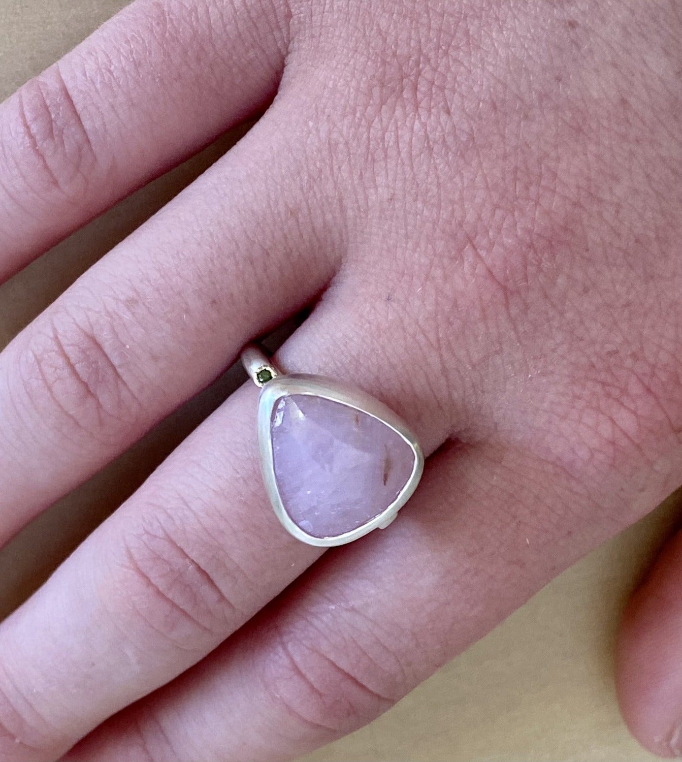 pink sapphire, green diamond ring