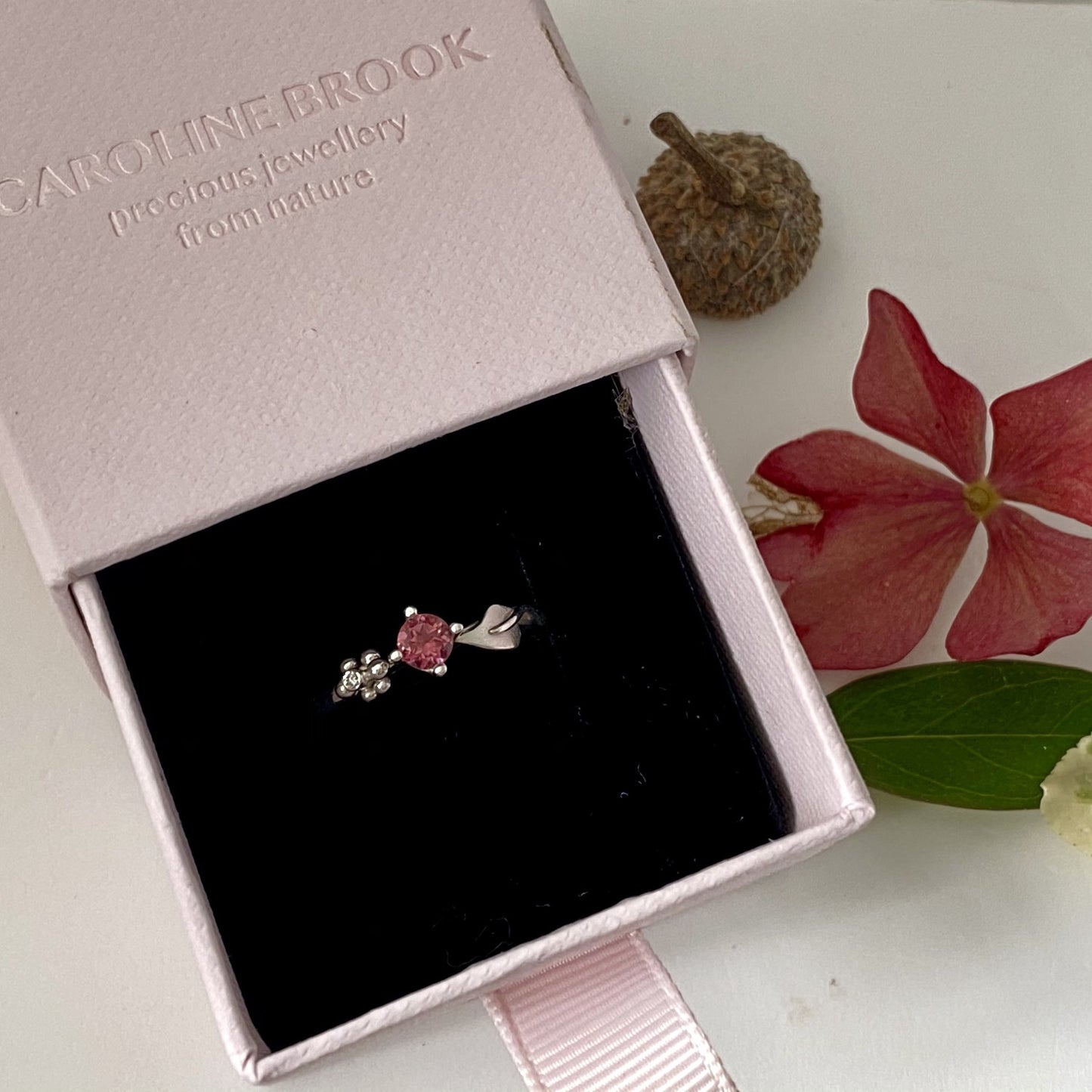 Organic Nature Leaf and Berry Silver Ring with pink tourmaline and diamond
