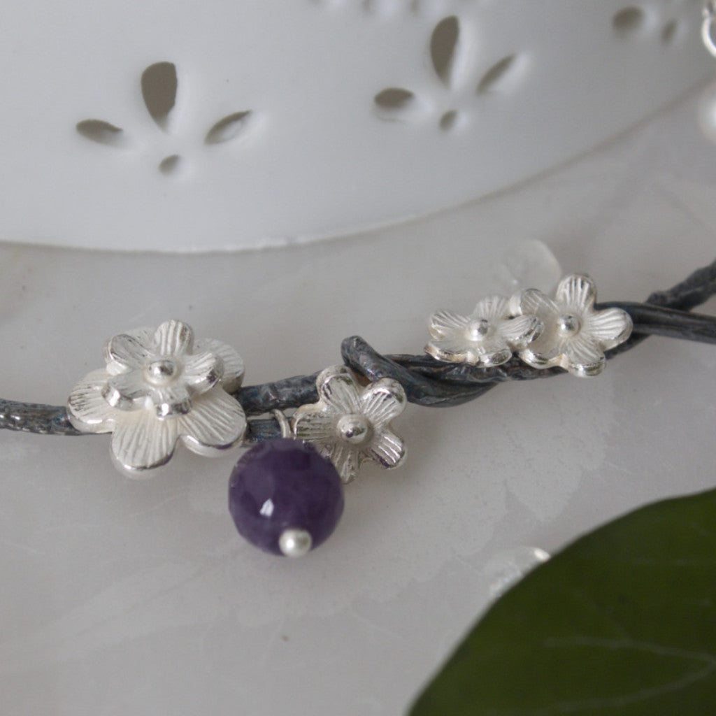 Black and Silver Cherry Blossom and  Amethyst Necklace, Flower Necklace, Woodland Necklace