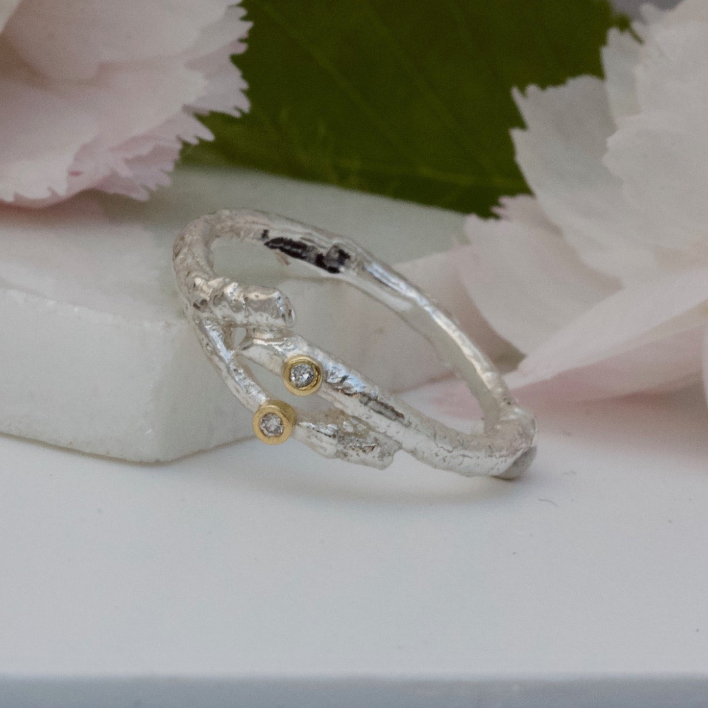 Diamond Twig Wedding Ring, Forked Silver Elvish Twig Ring, Alternative Wedding Ring