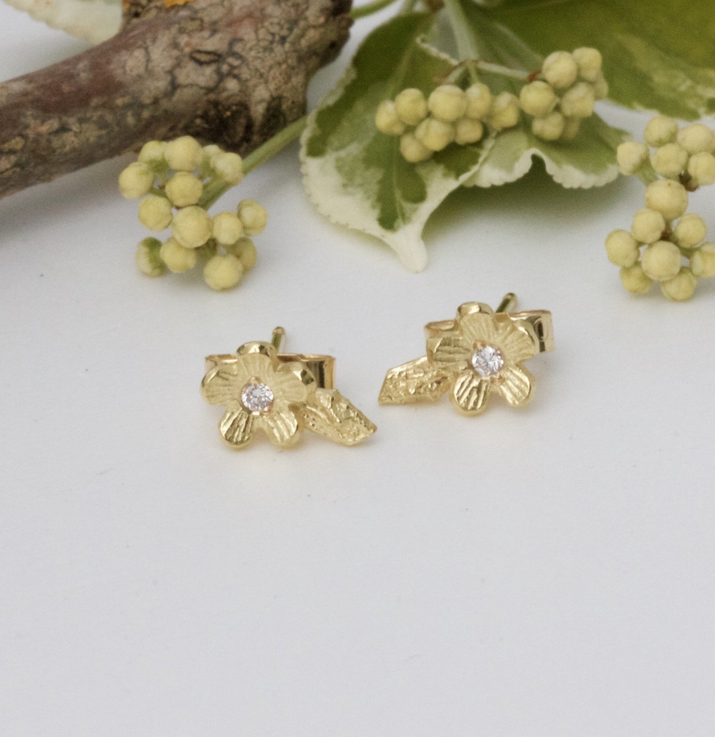 Diamond Cherry Blossom Earrings, 18ct Gold Flower Earrings