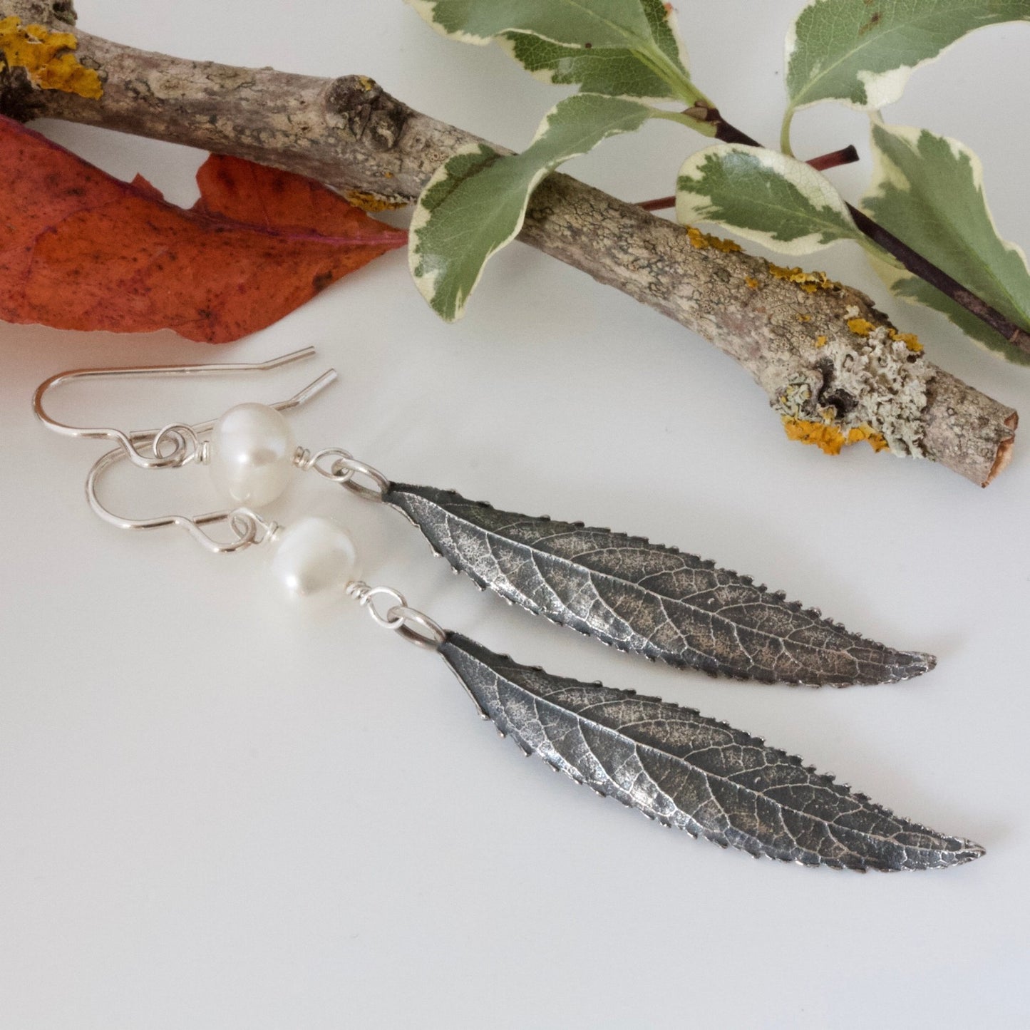 Long Leaf Silver Boho Earrings