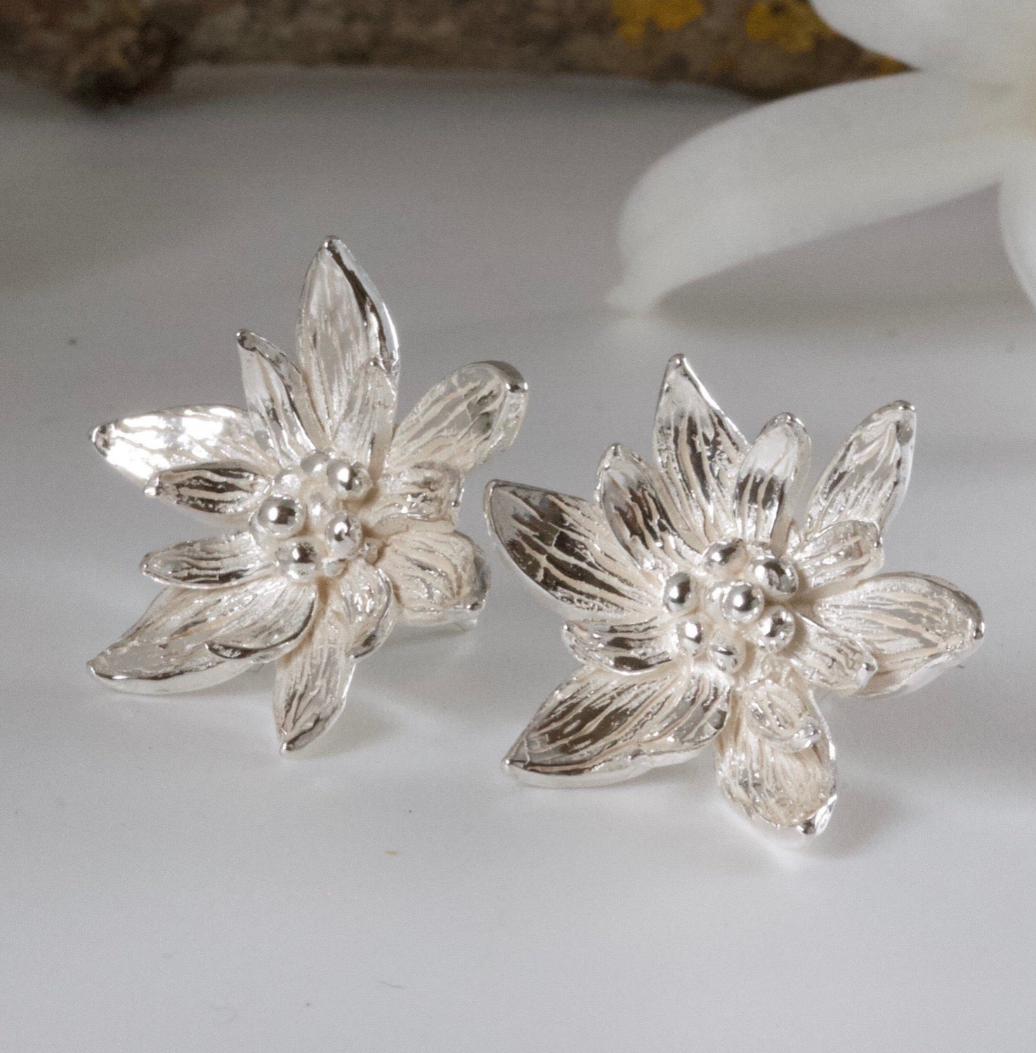 Lotus Flower Earrings-silver flower earrings-large flower studs
