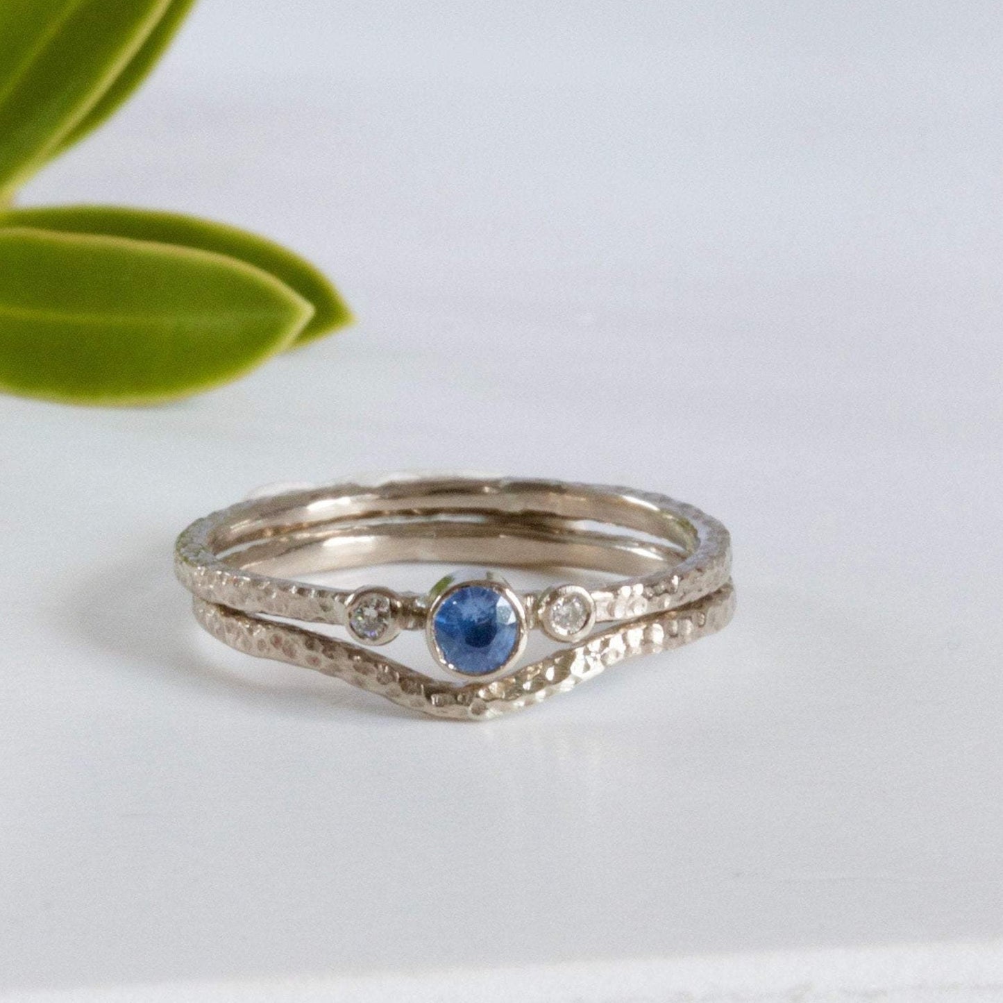 minimalist sapphire and diamond trilogy ring