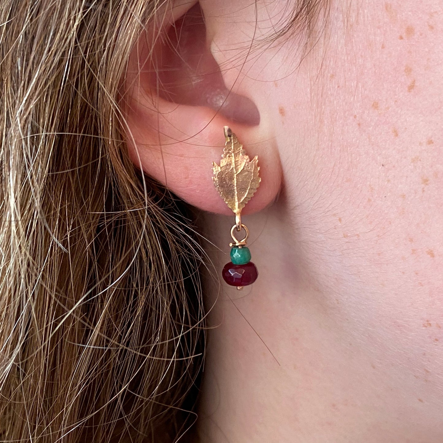 Autumn Leaf Earrings, Solid 9ct Rose Gold and Emerald Earrings