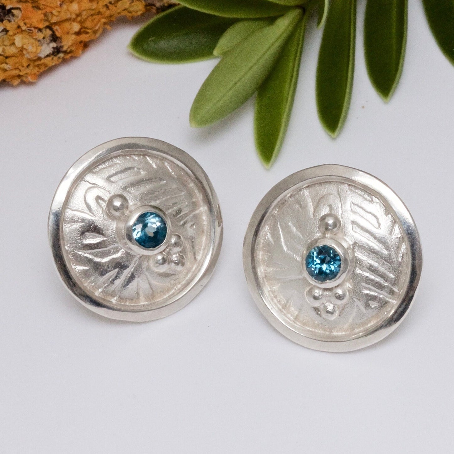 Boudicca Warrior Queen Celtic Shield Earrings, Blue Topaz Earrings