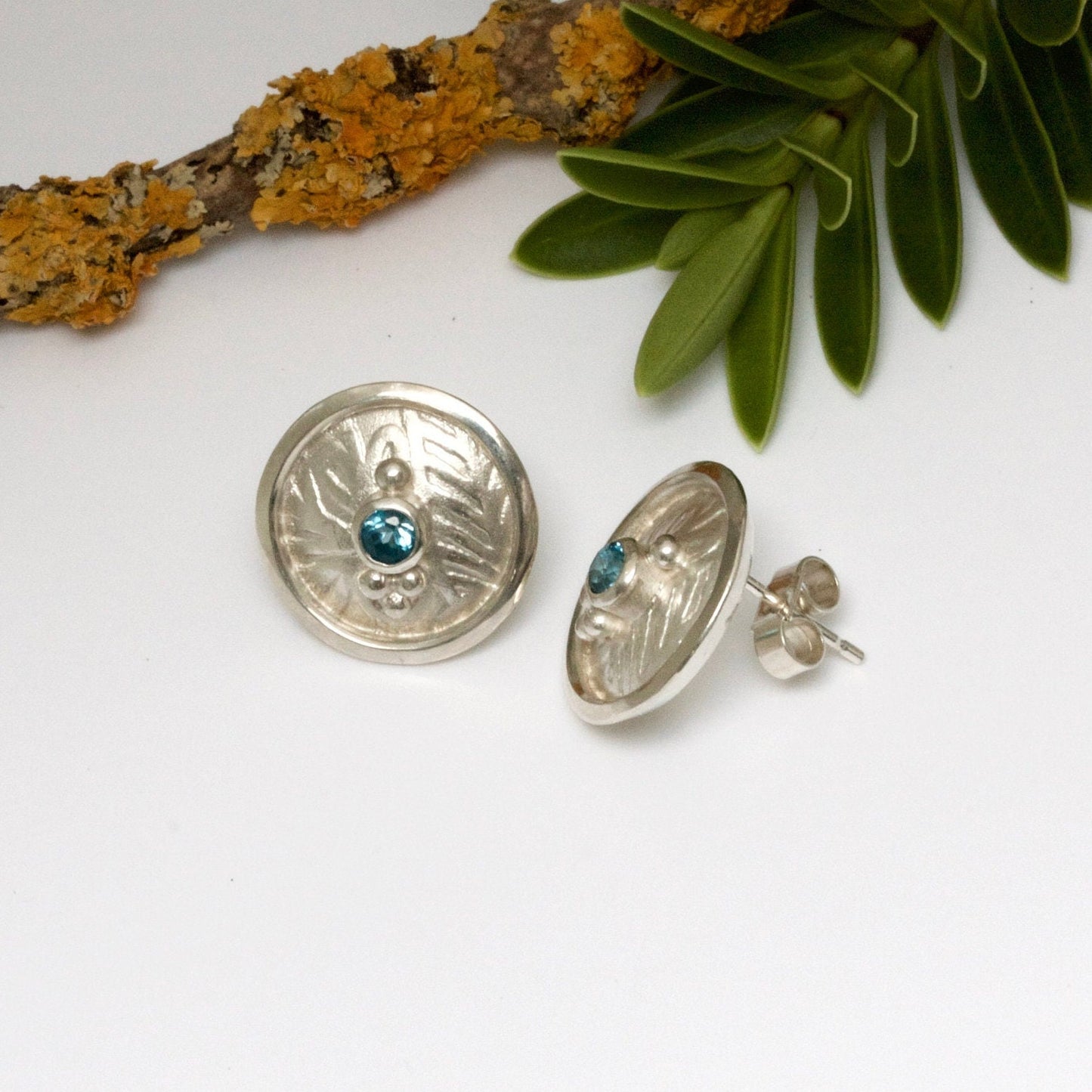 Boudicca Warrior Queen Celtic Shield Earrings, Blue Topaz Earrings