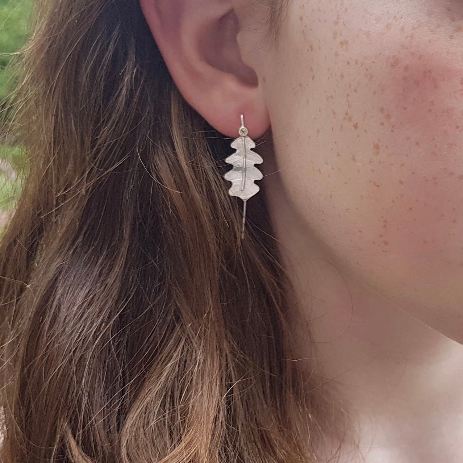 silver oak leaf stem earrings